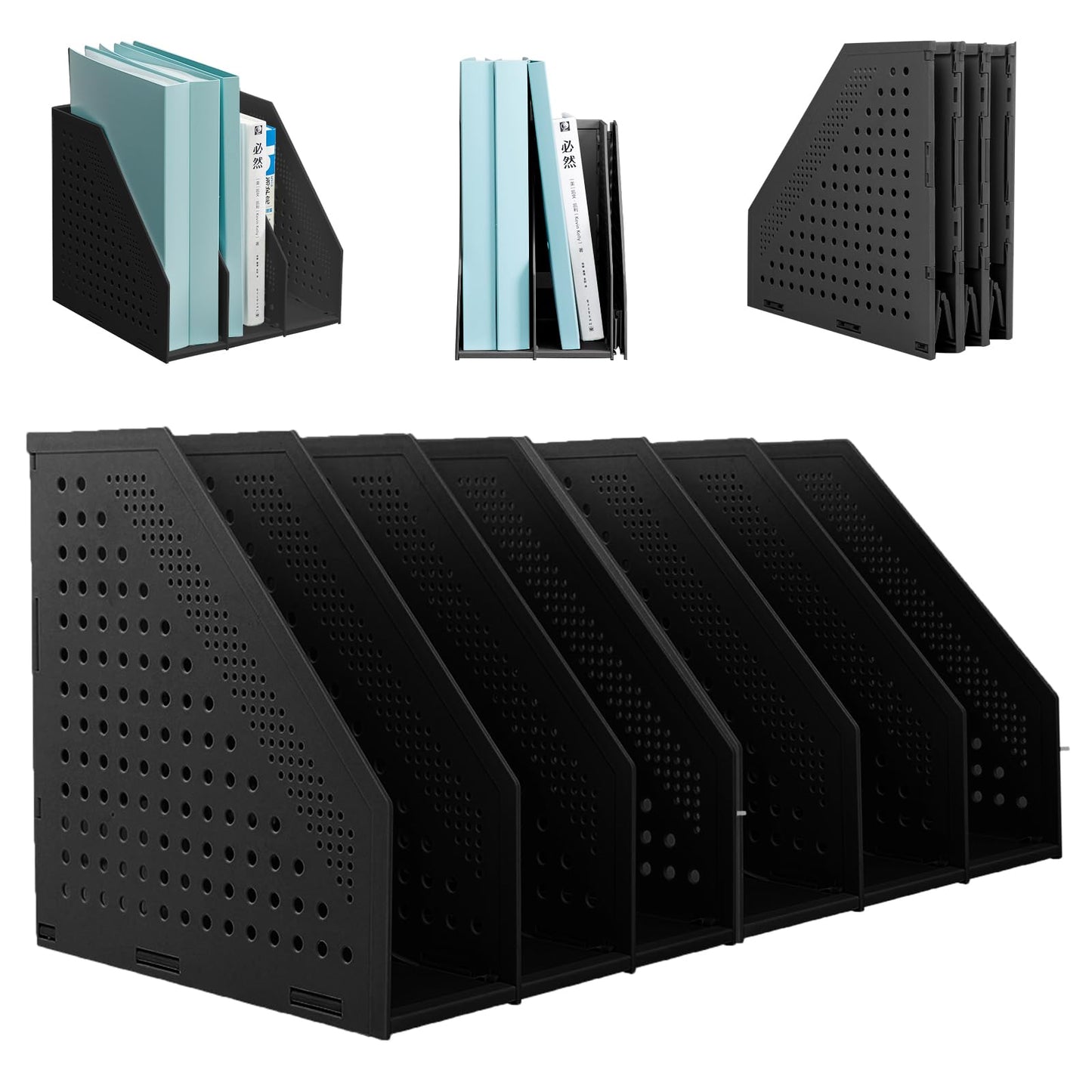 SAYEEC 2Pcs Collapsible Plastic Magazine File Holder Vertical Binder Storage Organizer for Desk Sturdy Upright Desktop Magazine Organizer Folder Rack for Office School Home (3 Compartments, Black)