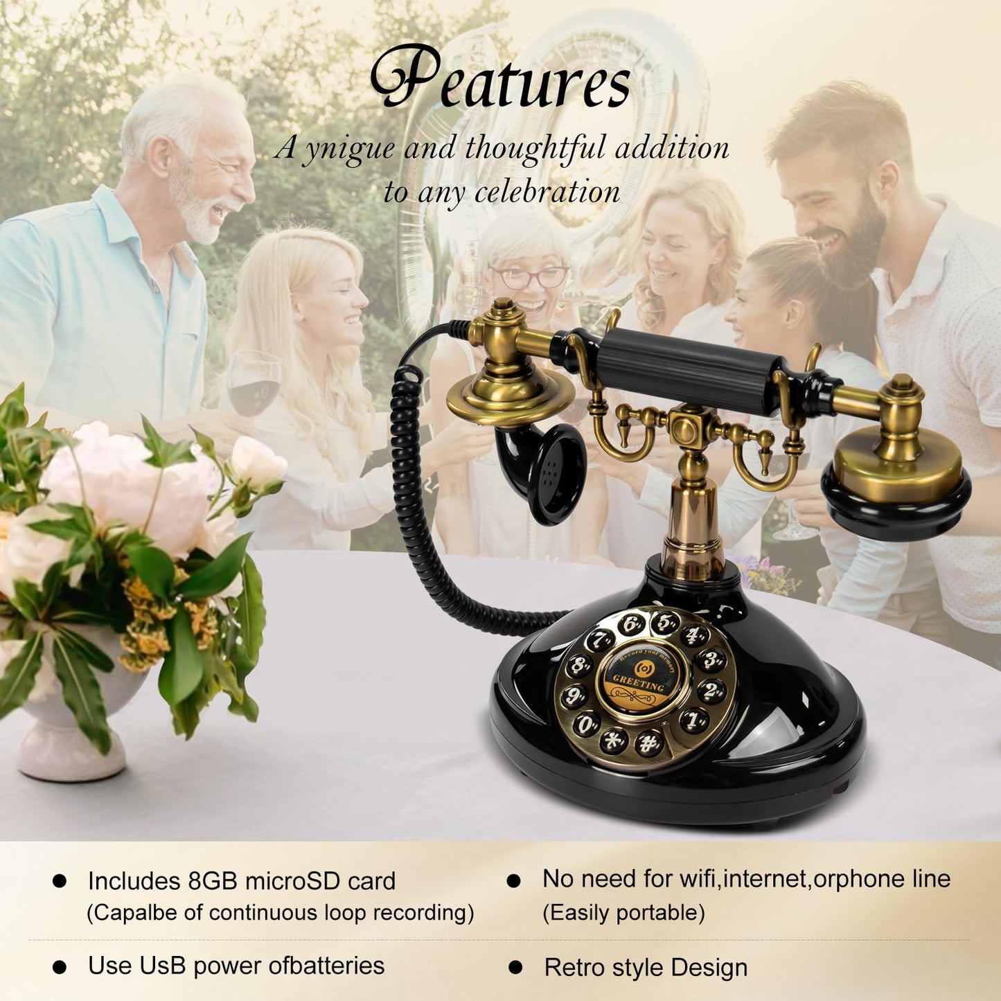 Audio Guest Book Wedding Phone,Audio Guestbook Phone Vintage Style Audio Message Voicemail for Graduation Retirement Party Birthdays Baby Shower Special Occasions (Black)