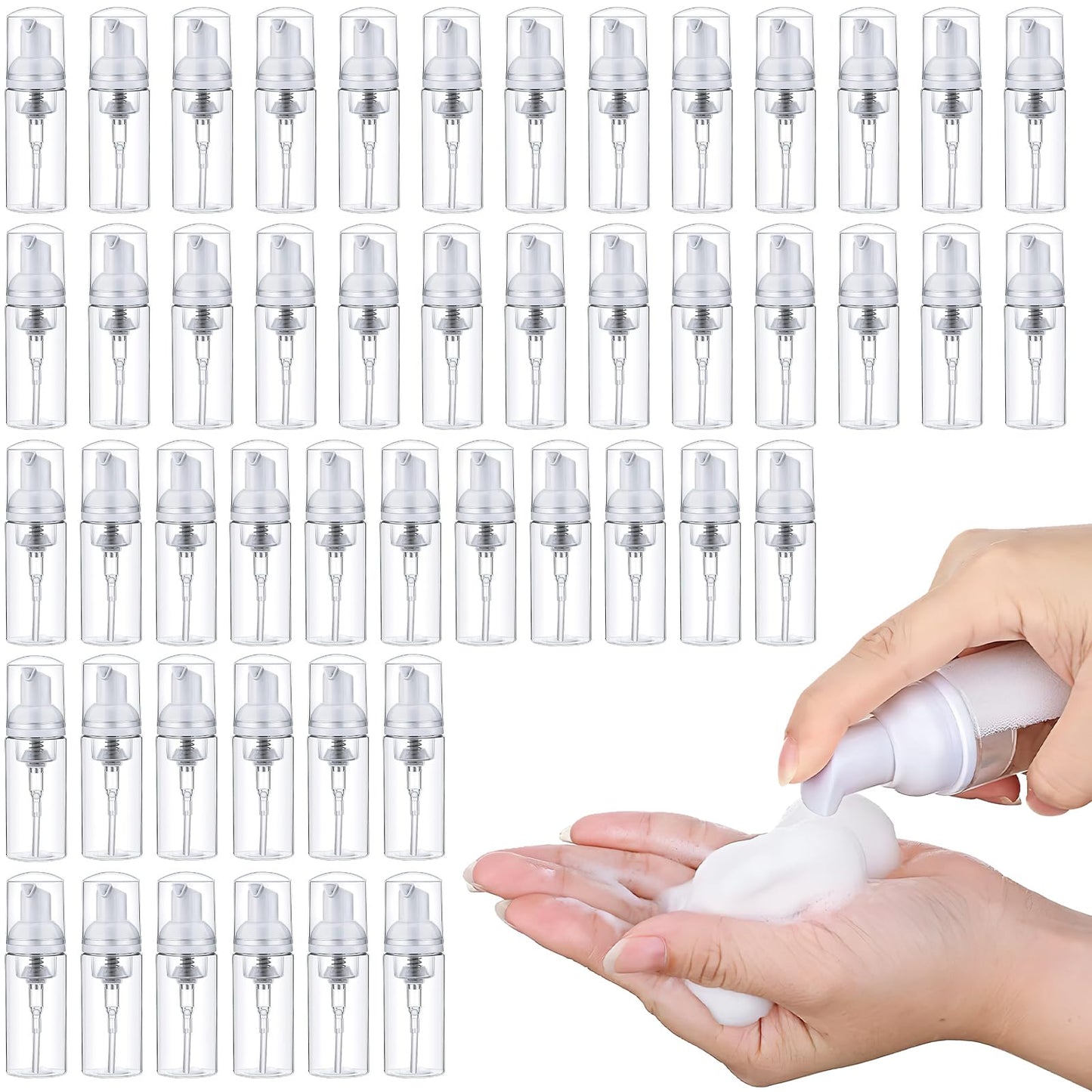 50 Pcs Foam Pump Bottles,50ml Refillable Clear Soap Dispenser, Spray Bottle Containers Plastic Travel Empty Soap Bottle for Hand Lotion Shampoo Lash Cleanse Liquid Soap-BPA Free
