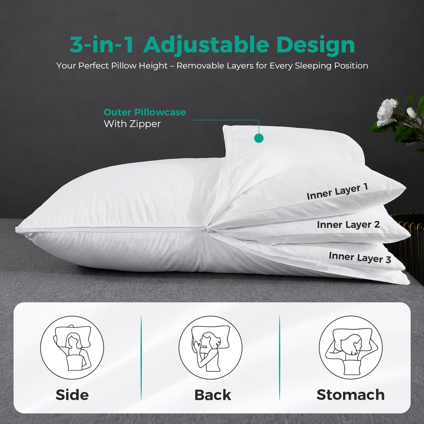 Three Geese Adjustable Layer Goose Feather Pillow,Assembled Bed Pillow,100% Soft Cotton Cover,Good for Side and Back Stomach Sleeper, Standard/Queen Size,Packaging Include 1 Pillow.
