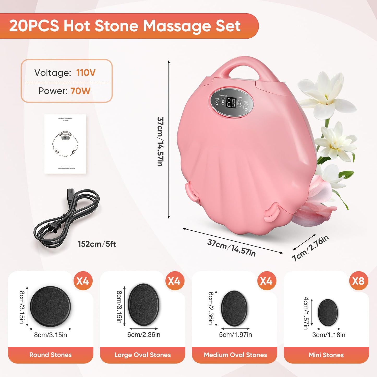 20PCS Hot Stones Massage Set, Hot Stones Massage Warmer Kit, Portable Massage Stones Basalt Hot Rocks Massage Stone for Professional or Home SPA, Therapy Relaxing, Healing, Pain Relief(Pink)