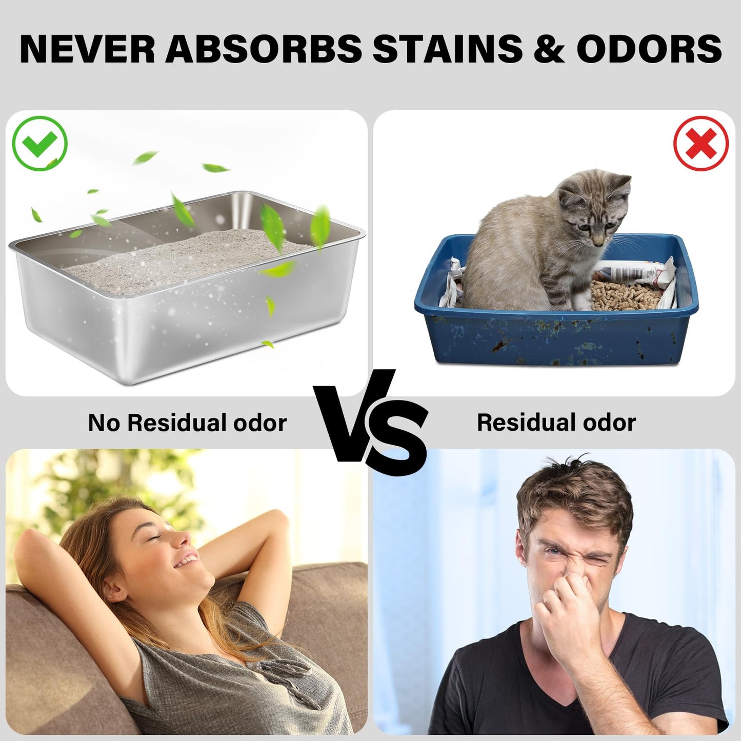Stainless Steel Litter Box, High Sided Large Metal Cat Litter Boxes Easy Clean, Non Stick and No Smell, Suitable for Adult Cat