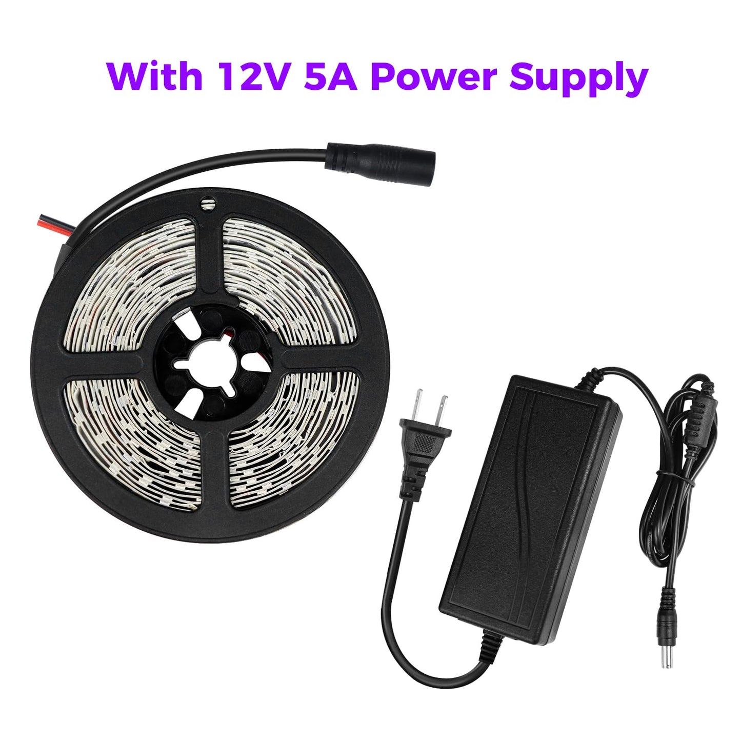 YGS-Tech Super Bright 60 Watts UV Black Light LED Strip, 16.4FT/5M 3528 300LEDs 395nm-405nm Non-Waterproof Blacklight with Power Supply, for Night Fishing, Black Party