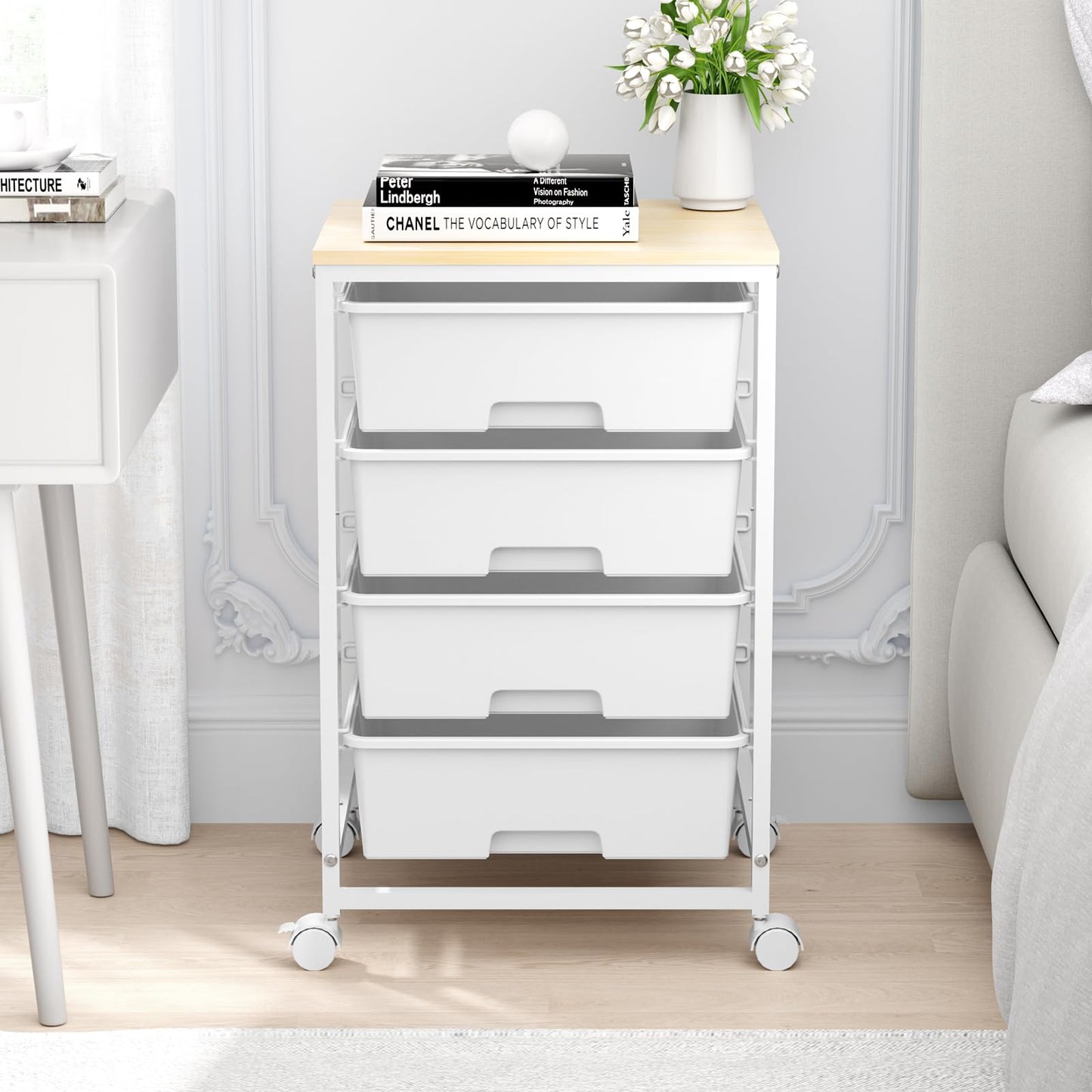 SYKIARIOL Utility Cart with 4 Drawers,Rolling Storage Cart with Drawers,Storage Rolling Drawer Cart with Wooden Tabletop for Bedroom,Kid's Room,Dorm,Classroom,Office,Bright White