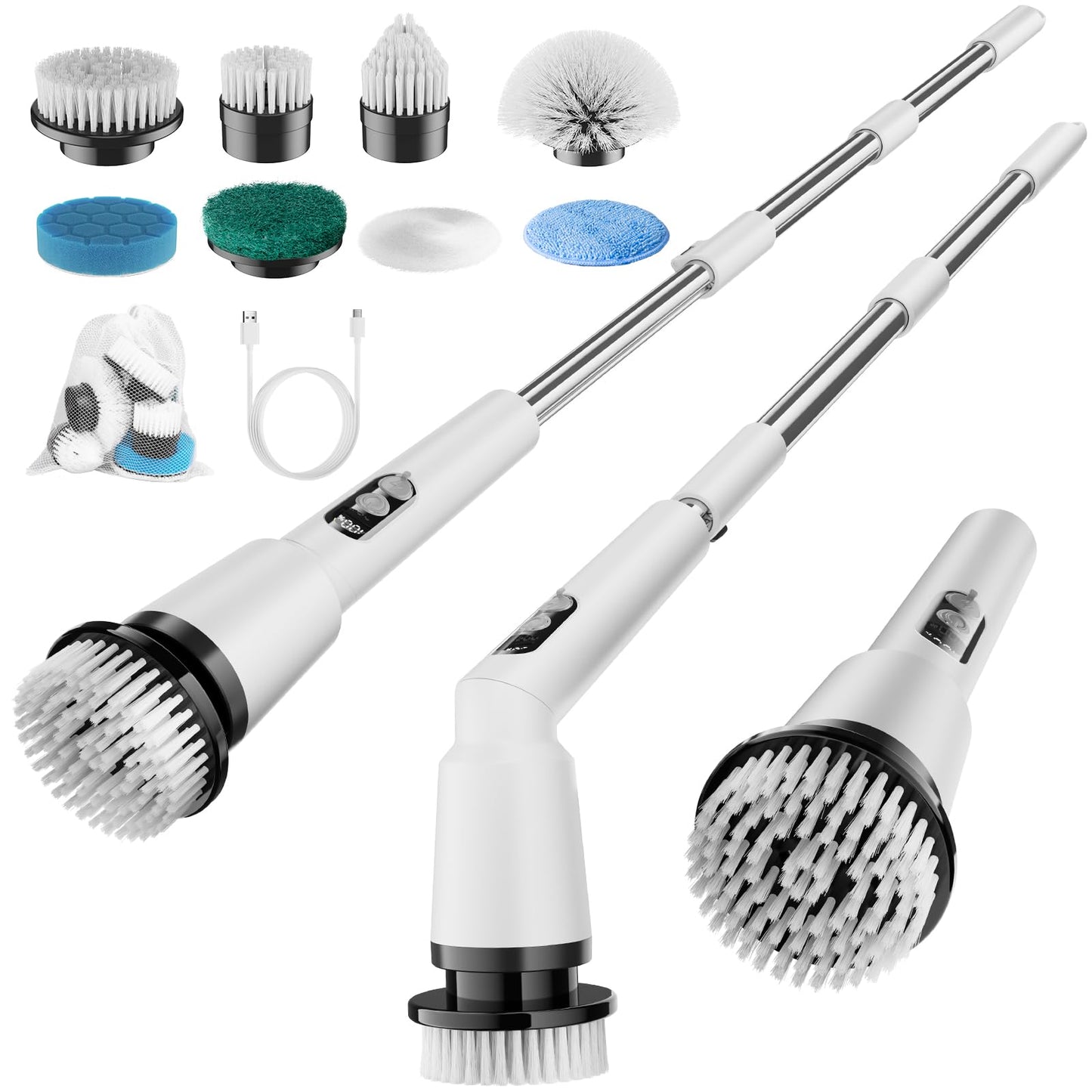 Kliburash Electric Spin Scrubber, 3 Speeds & Adjustable Long Handle Power Cordless Cleaning Brush, 8 Multifunctional Brush Heads with IPX7 Waterproof for Bathroom, Tub, Shower,Car Tiles
