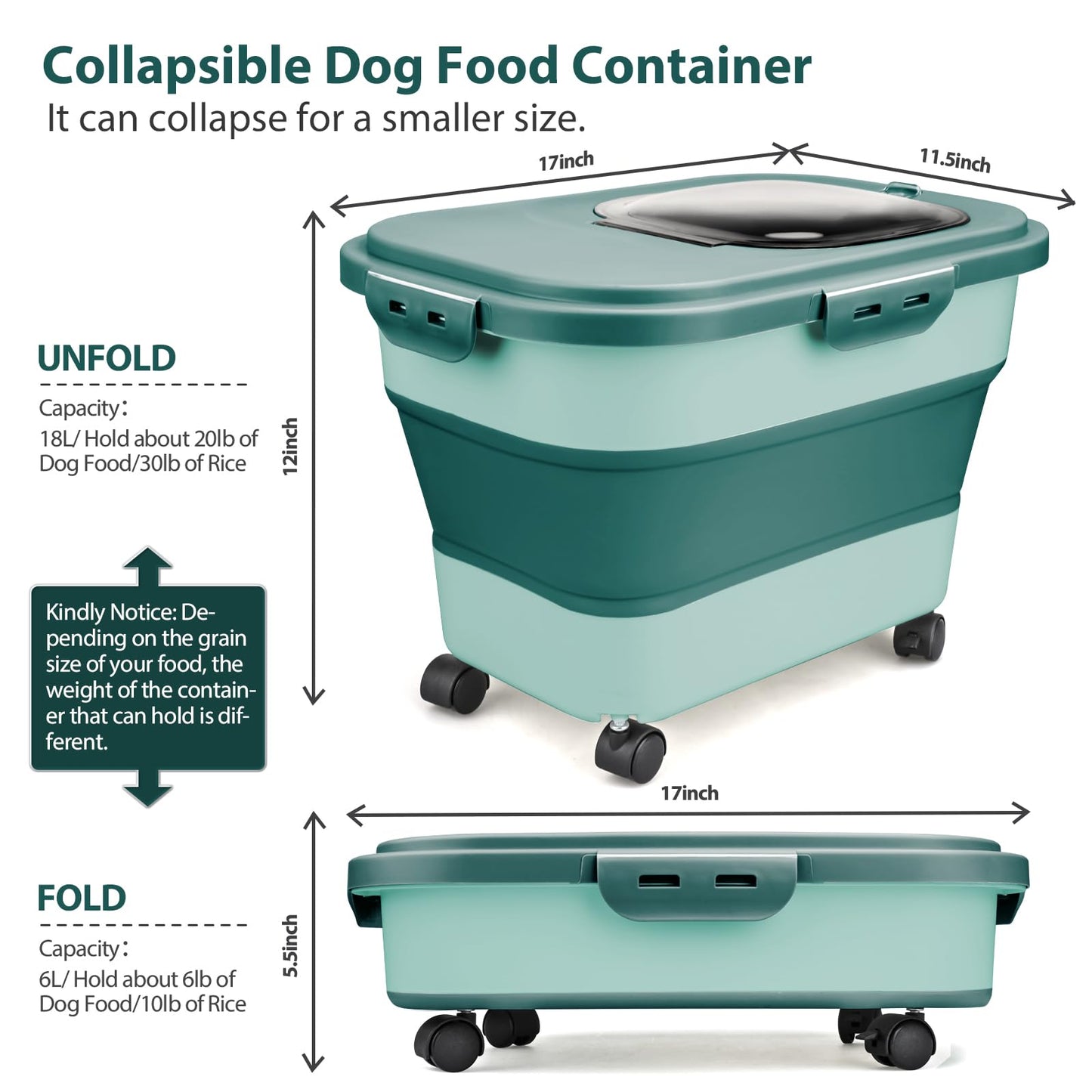 Viretec Dog Food Storage Container, 5-20Lbs Collapsible Pet Food Storage Containers with Rolling Wheel Airtight Locking Lid, Dry Food Storage Bin with Cup and Scoop,Suitable for Pet Food, Rice, Flour
