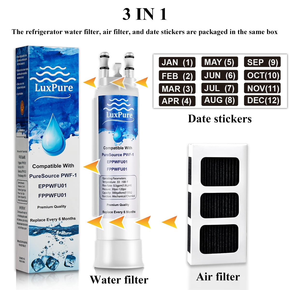 LuxPure Refrigerator Water Filter & Air Filter Replacement Compatible with Frigidaire FPPWFU01 PurePour PWF-1 Electrolux EPPWF01 Water Filter and PAULTRA2 PureAir Ultra II Air Filter, 3+3 Combo Pack