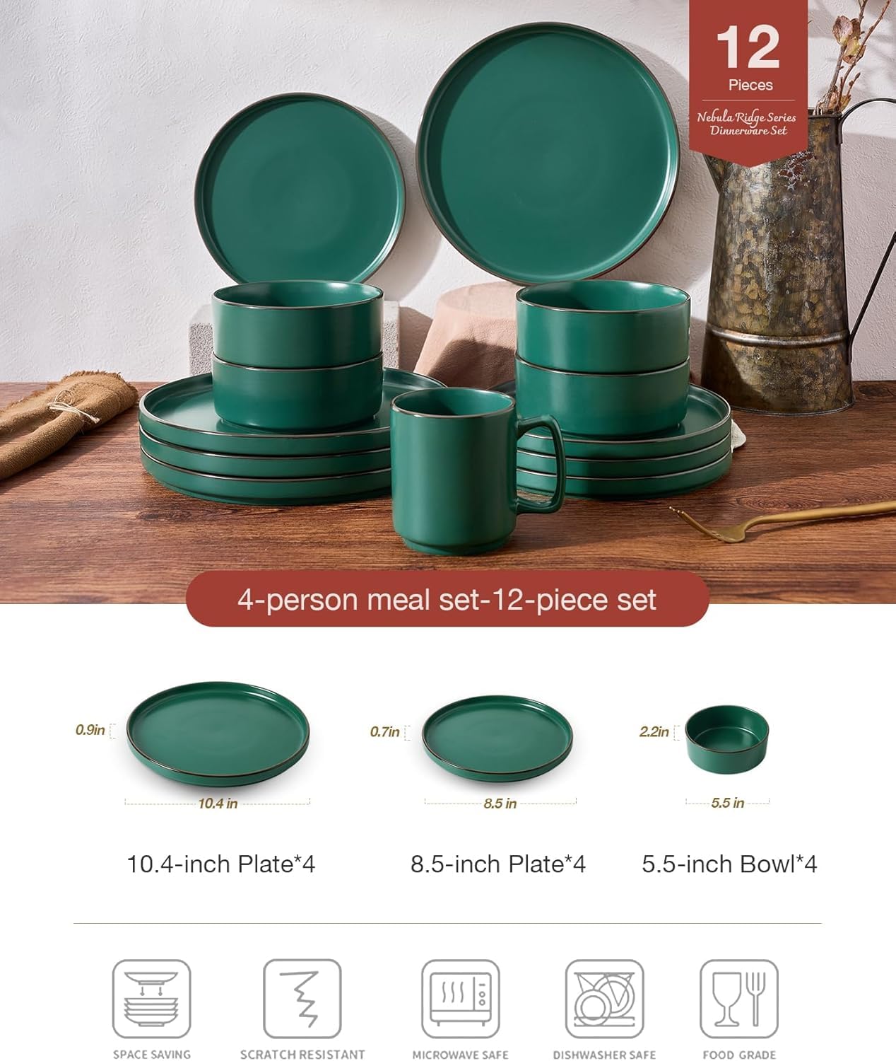 Richmount Nebula Ridge Stoneware Dinnerware Sets, Plates and Bowls Sets for 4, 12 Pieces Dishes Set, Microwave and Dishwasher Safe Kitchen Plates, Dark Green