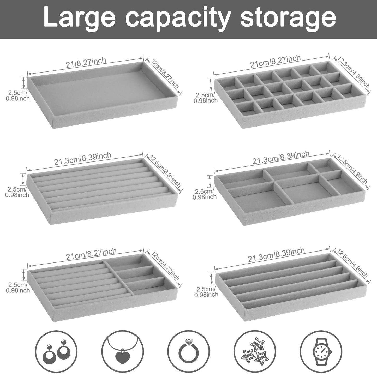 12Pcs Velvet Stackable Jewelry Trays, FHDUSRYO Jewelry Drawer Organizer, Large Removable Display Jewelry Tray, Necklace Bracelet Storage Box for Earring, Ring, Brooch, Watch (Grey)
