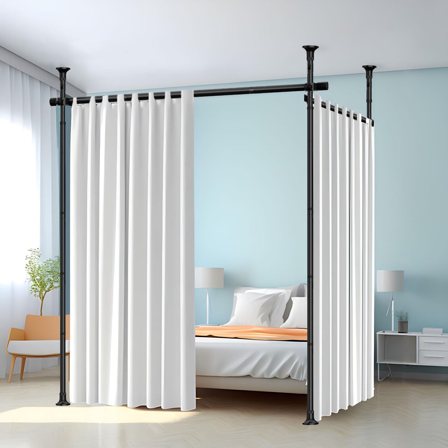 Room Divider Curtain Rod, No Drilling Curtain Rod for Room Separation, Adjustable Heavy Duty Partition Room Divider, Floor to Ceiling Freestanding Wall Divider 4-10ft (H) 28-114inch(W) Black