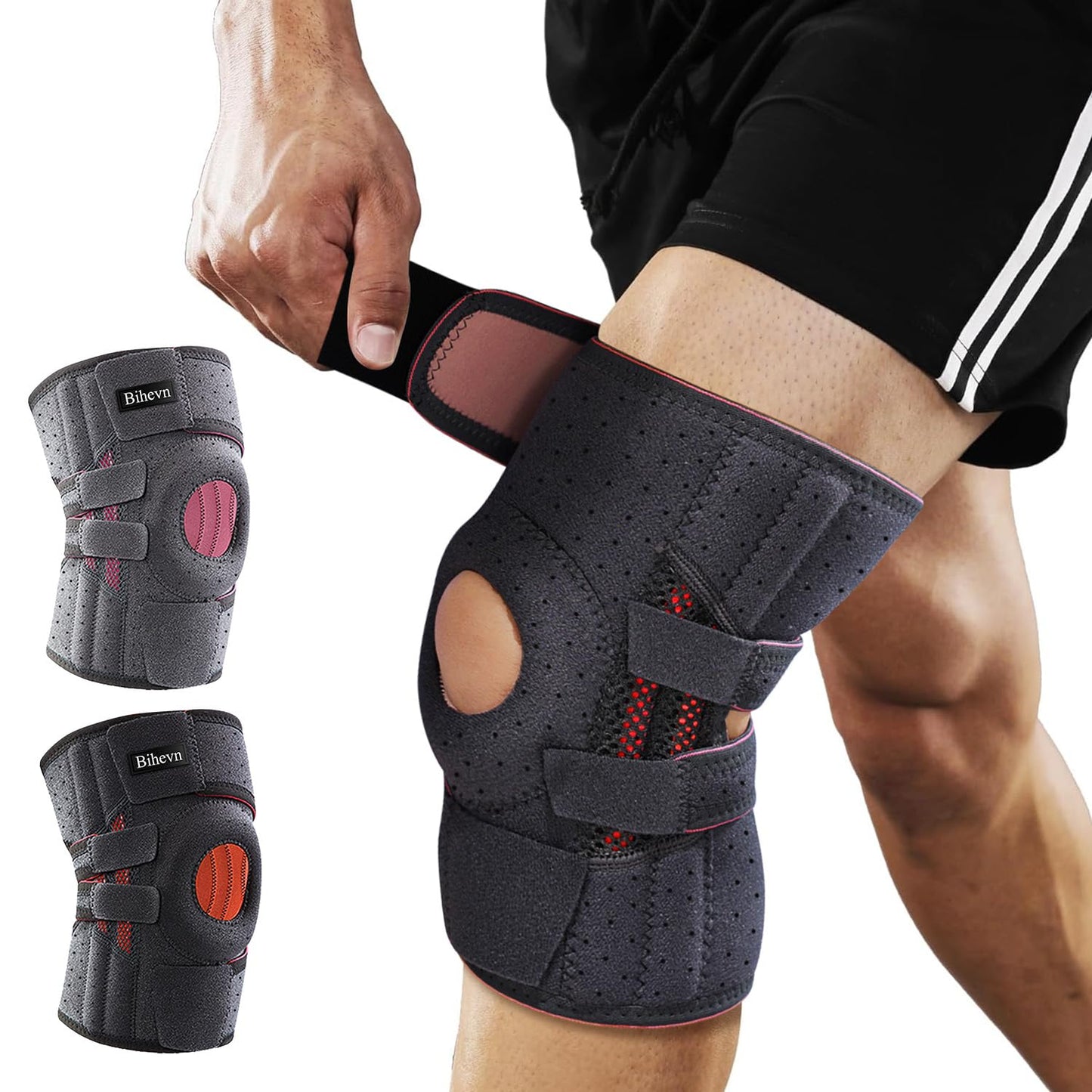 BIHEVN Knee Brace for Men Plus Size - Adjustable Support for Arthritis, ACL Meniscus Tear & Knee Pain Relief or Injury Recovery - Plus Dual Side Stabilizers (Man-Black, Size(19in-24.2in)(48-62cm))