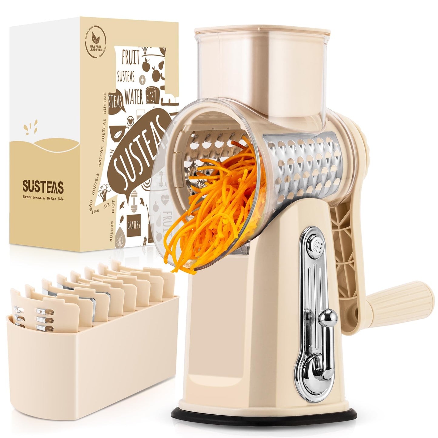 SUSTEAS Rotary Cheese Grater Hand Crank, 5-in-1 Vegetable Shredder, Including Non-Slip Suction Base, Easy to Clean and Use, Kitchen Shredder for Cheese, Cabbage, Carrots, Nuts | Beige
