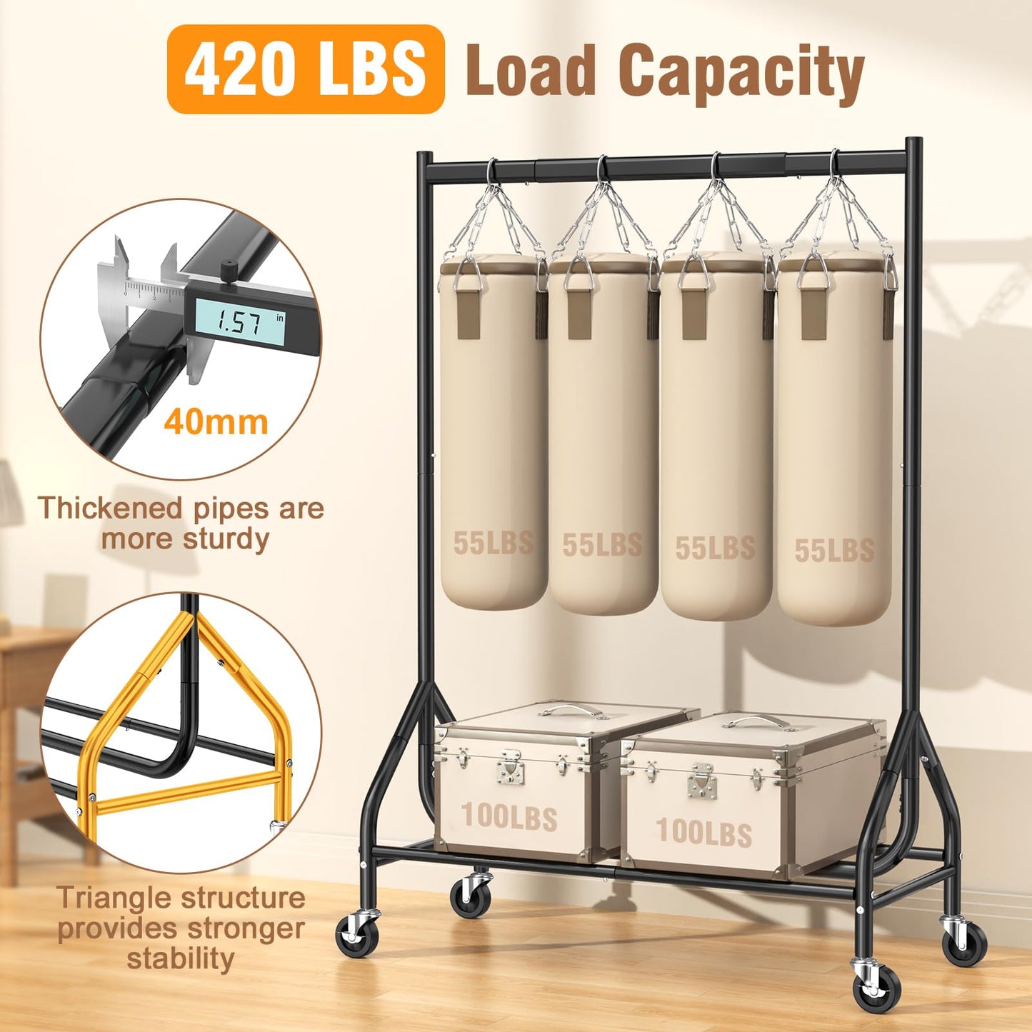 EAGMAK Heavy Duty Clothes Rack Load 420 LBS, Rolling Garment Rack with Lockable Wheels, Standing Metal Clothing Hanger, Portable Wardrobe Sturdy Coat Organizer for Hanging Clothes (Black)