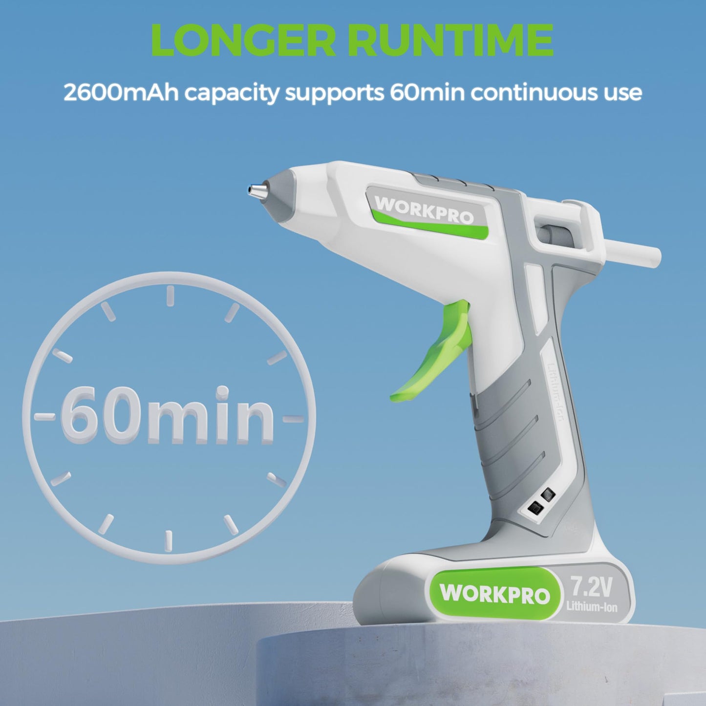 WORKPRO Cordless Hot Melt Glue Gun, 7.2V Rechargeable Fast Preheating Glue Gun Kit with 20 Pcs Premium Mini Glue Stick, Use While Charging, Automatic-Power-Off Glue Gun for Art, Craft, Decoration