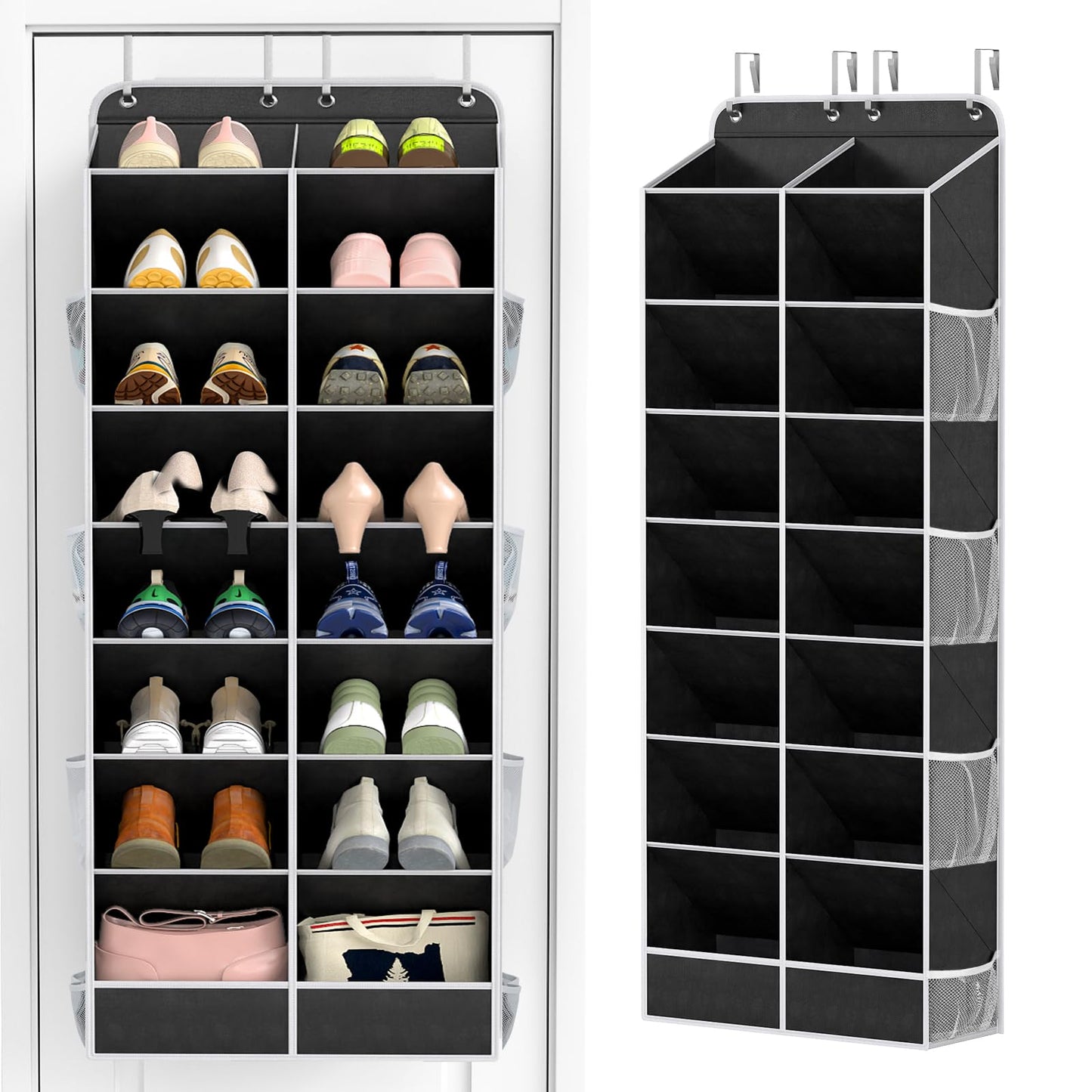 Yecaye 8 Tier Over the Door Shoe Organizer of Deep 16 Compartments, 50lbs Load Shoe Rack for Door in Oxford Holds 16-24 Pairs, Stain-Resistant Hanging Shoe Organizer for Closet, Black