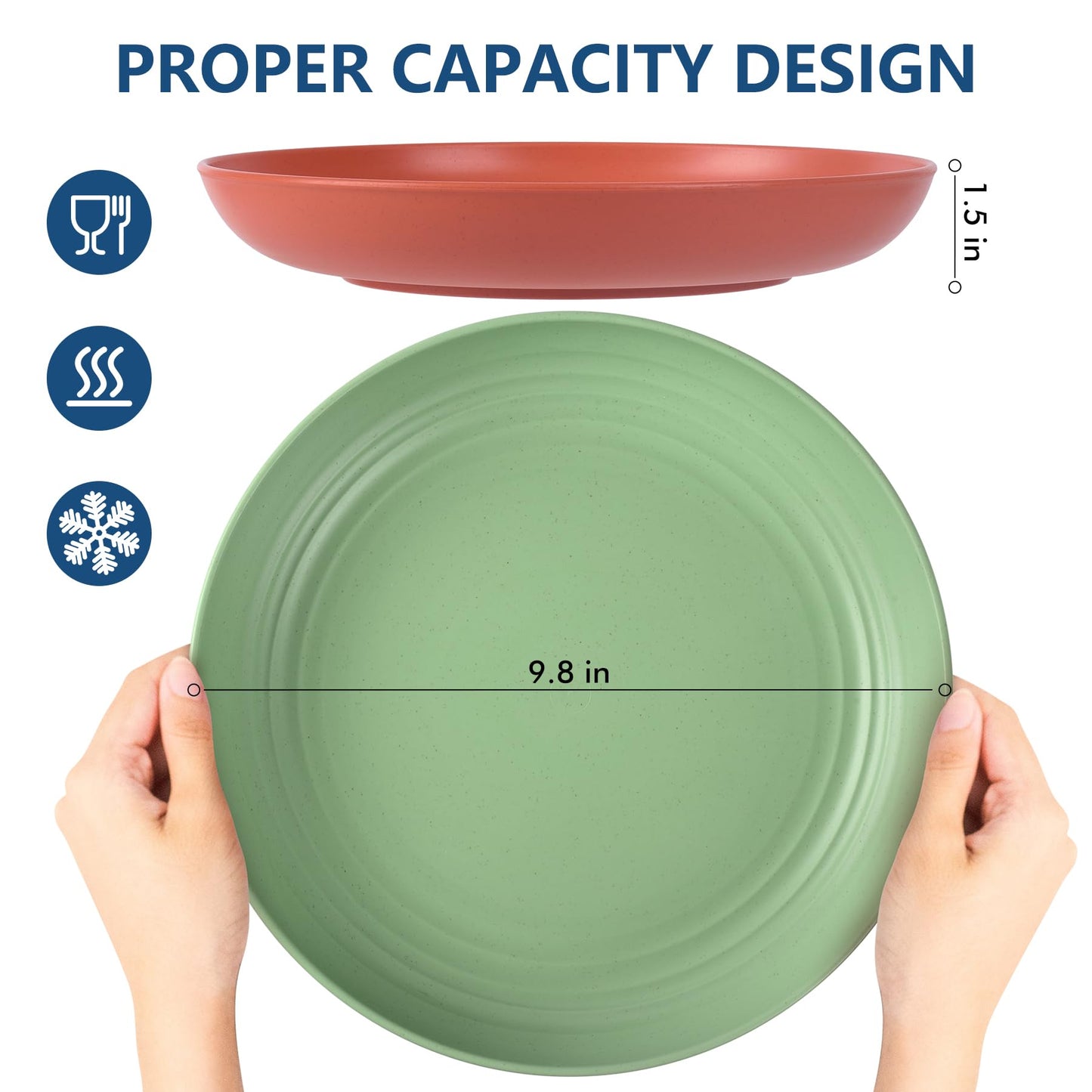 HOTEC 8-Pack 10inch BPA Free Unbreakable Deep Dinner Plates, Wheat Straw Plastic Plates Dishwasher Safe Kitchen Plates Dinnerware Multicolor