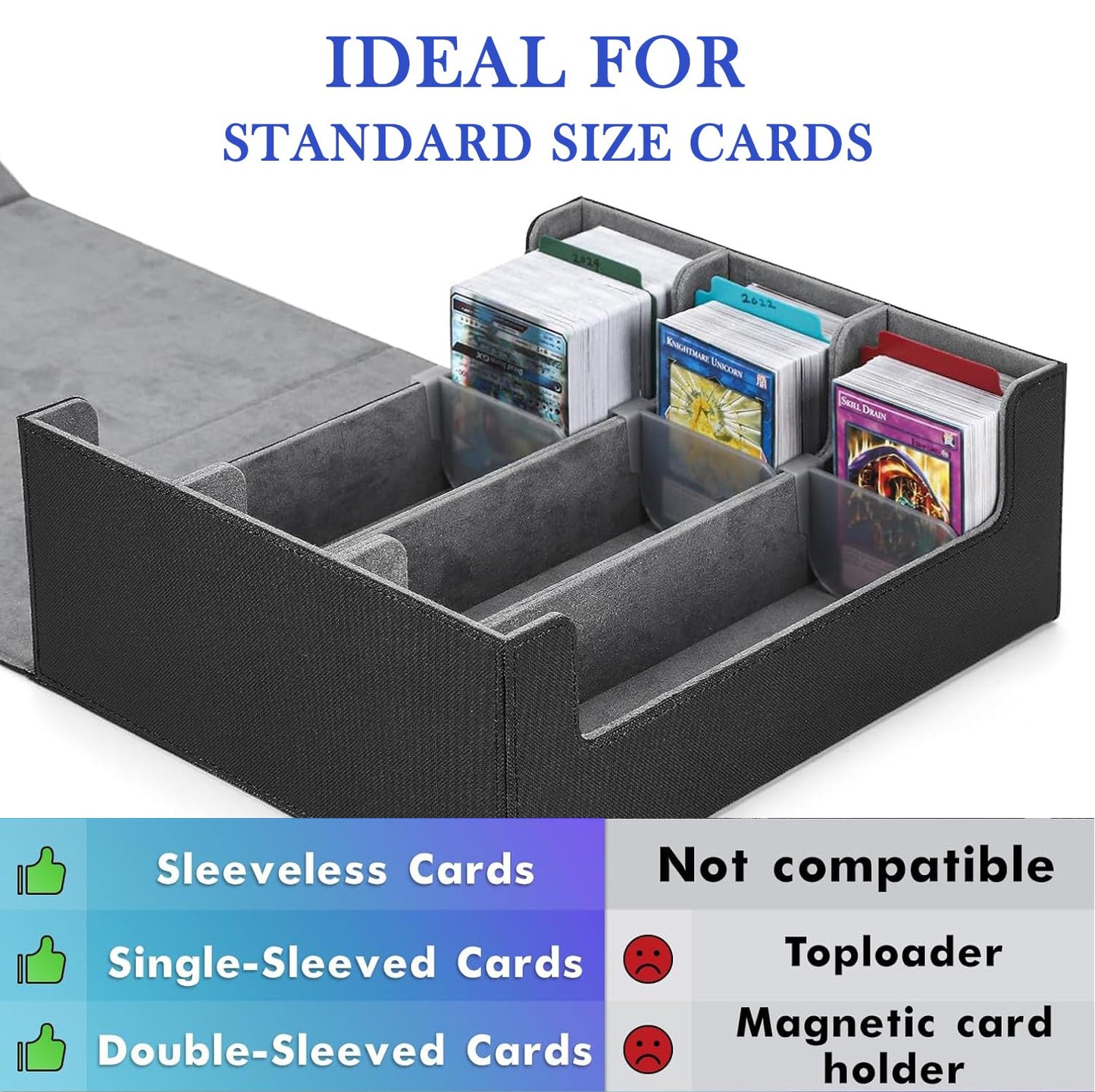 TERRALYX Card Deck Case for Trading Cards 1800+, Trading Card Storage Box with 8 Dividers and 3 Stoppers, Leather Magnetic Closure Deck Box Fit for YuGiOh, MTG and Sport Cards（gray）