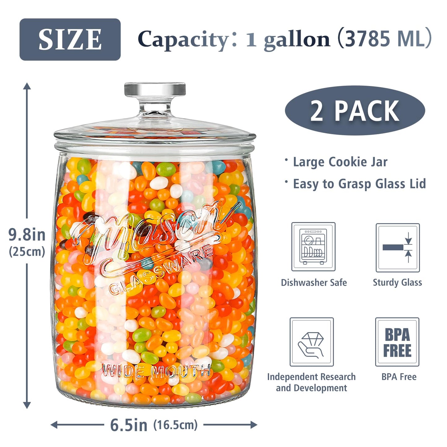 2 Pack Cookie Jars, 1 Gallon Glass Food Storage Containers, Wide Mouth Glass Jar with Airtight lid for Kitchen, Pantry, Apothecary, Flour, Sugar, Sourdough Starter, Dog Treat, Coffee, Dishwasher Safe