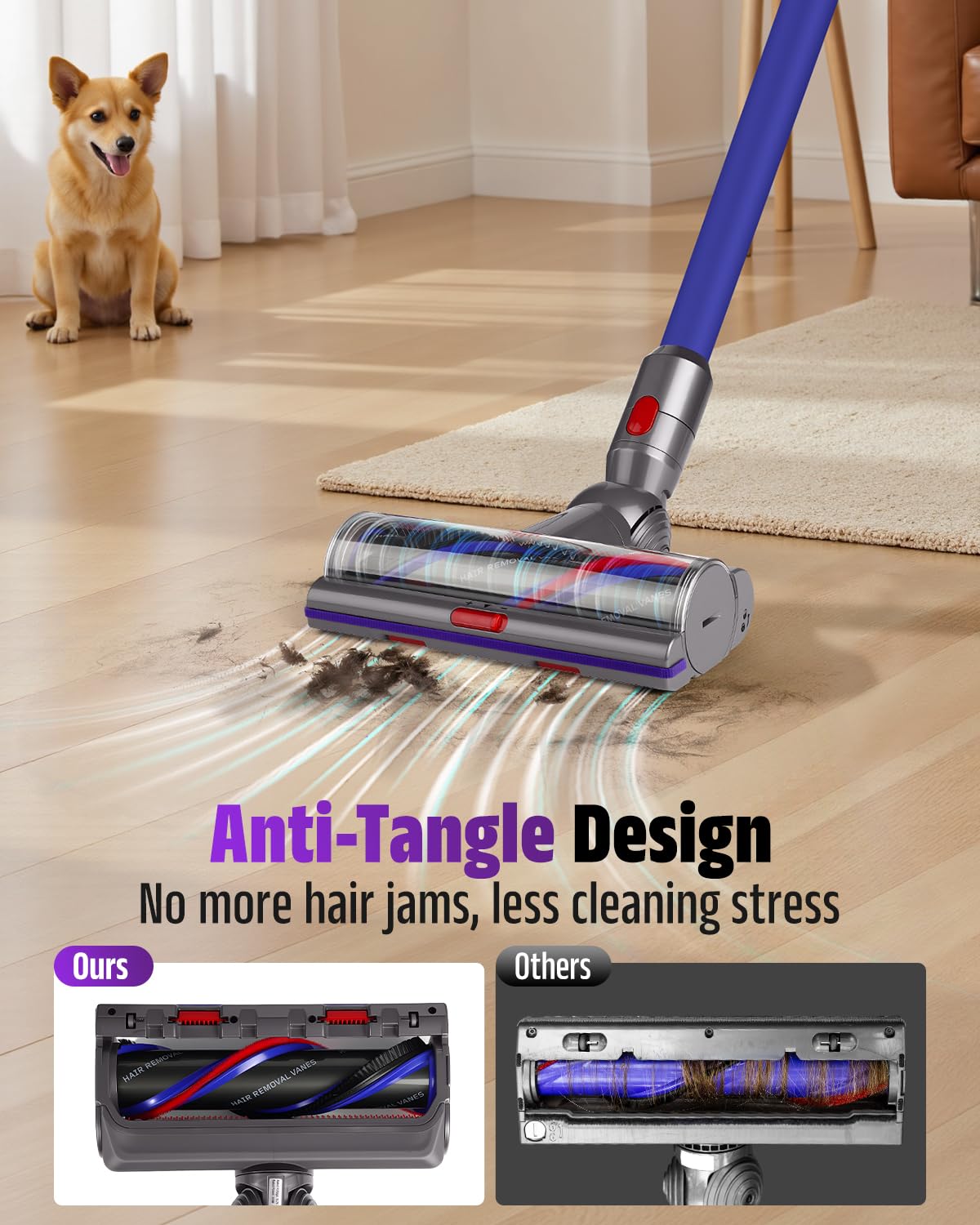 Adjustable Suction Brush Head Replacement Compatible with Dyson V7 V8 V10 V11 V15, Vacuum Cleaner Attachment, Anti-Tangle Carbon Fiber Roller, Turbine Brush for Carpet & Hard Floor