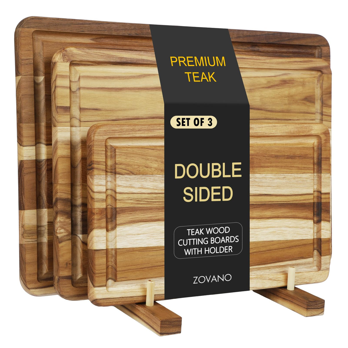 3 Pcs Teak Wood Cutting Board Set with Holder, Reversible Chopping Boards with Deep Juice Groove