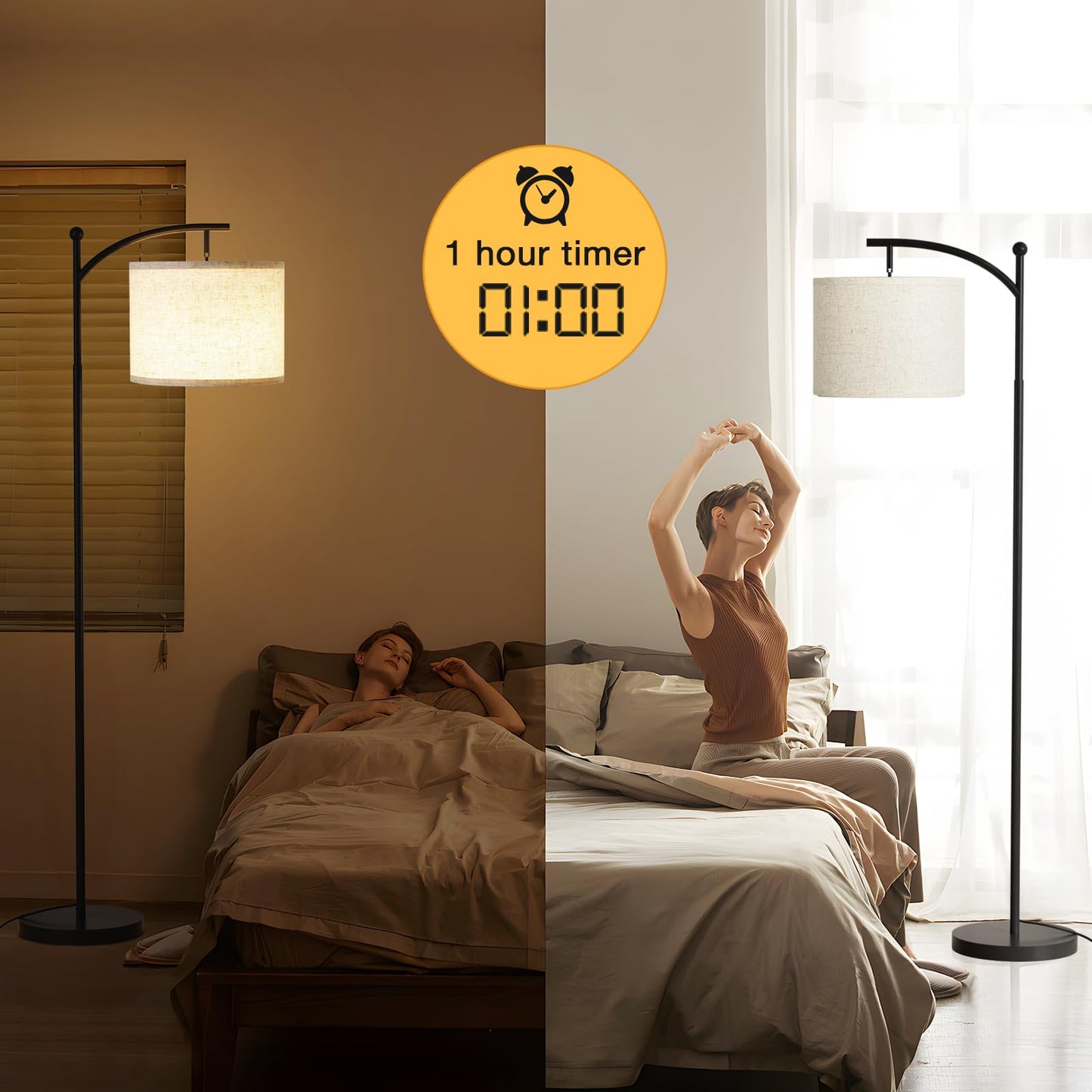 Ambimall Floor Lamp with Remote Control and Stepless Dimmable Bulb, Colors Temperature & Brightness Adjustable, Modern Floor Lamps for Living Room（Beige Shade & Black Pole）