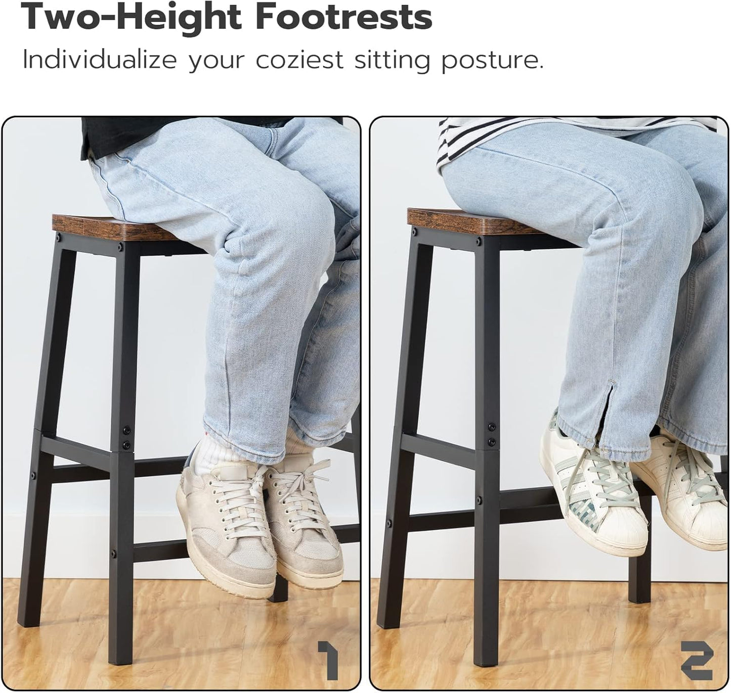 HOOBRO Bar Stools, Set of 2 Bar Chairs, Saddle Stools, Kitchen Counter Stools with Footrests, Industrial Stools for Dining Room, Kitchen, Counter, Bar, Rustic Brown and Black BF02MD01