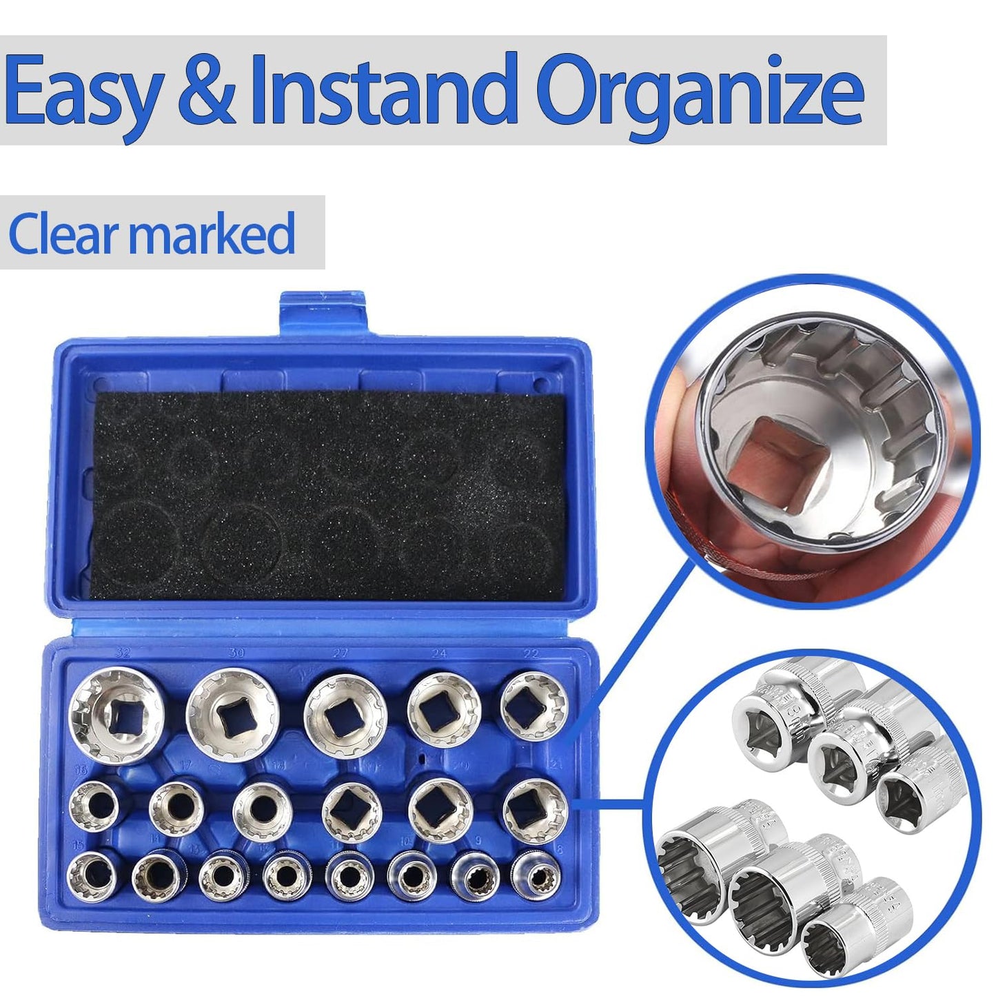 Spline Socket Set Metric, 1/2" Drive Universal Metric 8-32mm 12-Point Cr-V Socket Set (19pcs)
