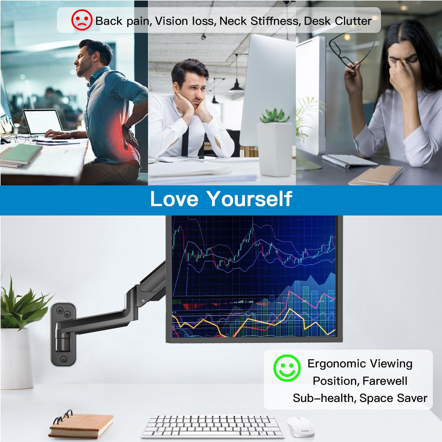HUANUO Monitor Wall Mount for 17 to 32 Inch Computer Screen, Monitor Wall Mount Arm Holds up to 17.6lbs, Height Adjustable Full Motion Design Wall Monitor Arm - VESA Mount 75x75,100x100