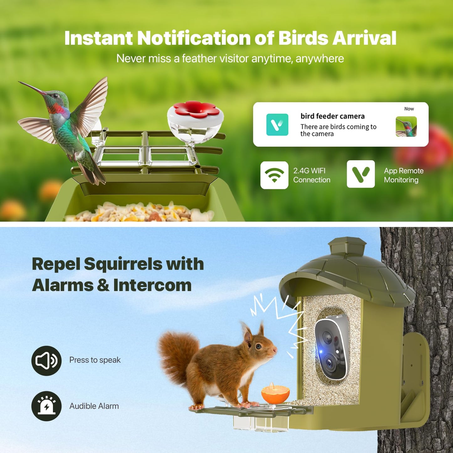oddkont Smart Bird Feeder with Camera, Bird Feeder with Camera, 2K HD Record Video Live View with Solar Panel, AI Identify Species Auto Capture, Instant Arrival Alerts, Gift for Birds Lover