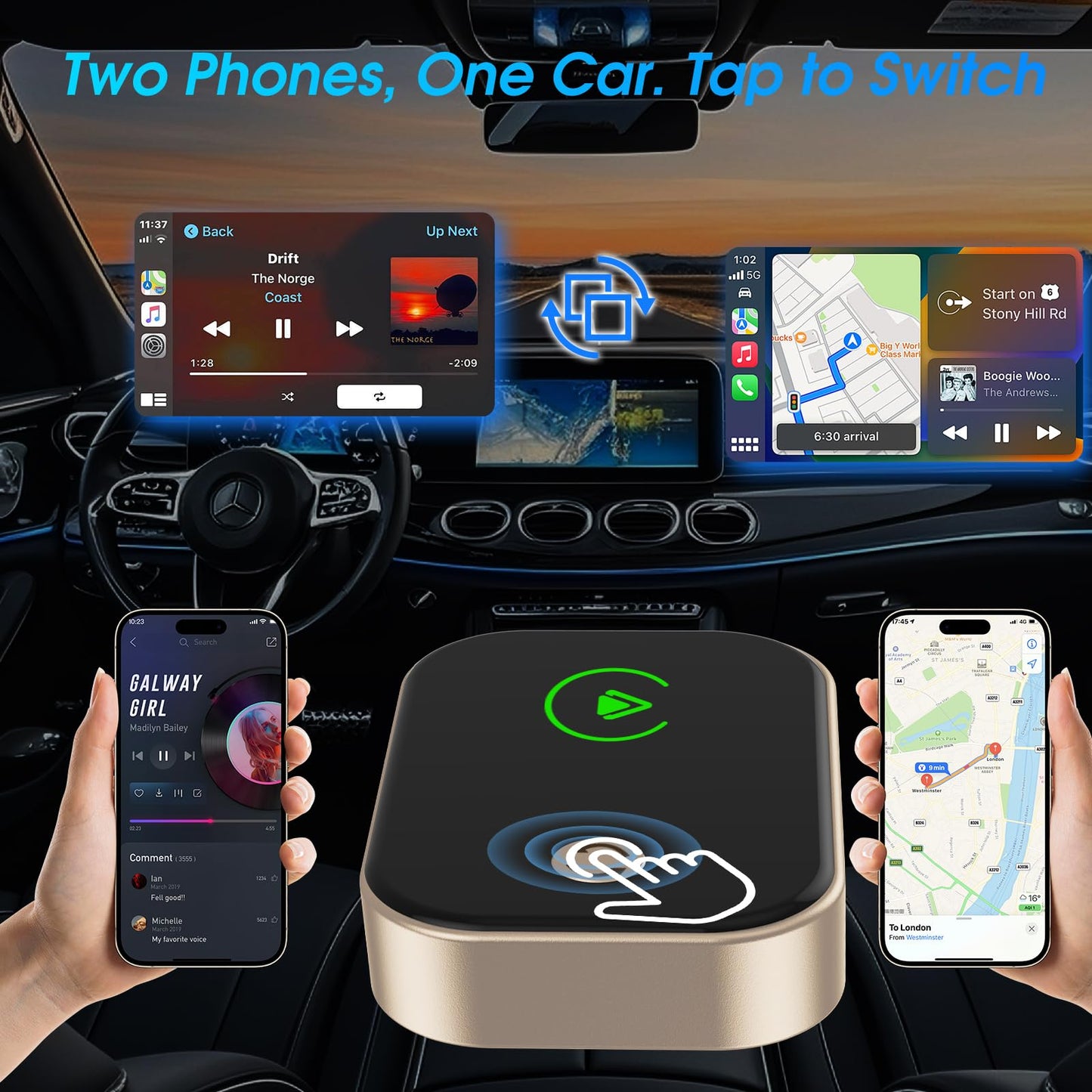 2026 Wireless Carplay Adapter for iPhone,One-Touch Phone Switching for Dual Phone,Bluetooth Car Play Adapter Screen with USB A/C,Auto-Connect,No Delay for Cars 2018+ with Built-in Wired Carplay