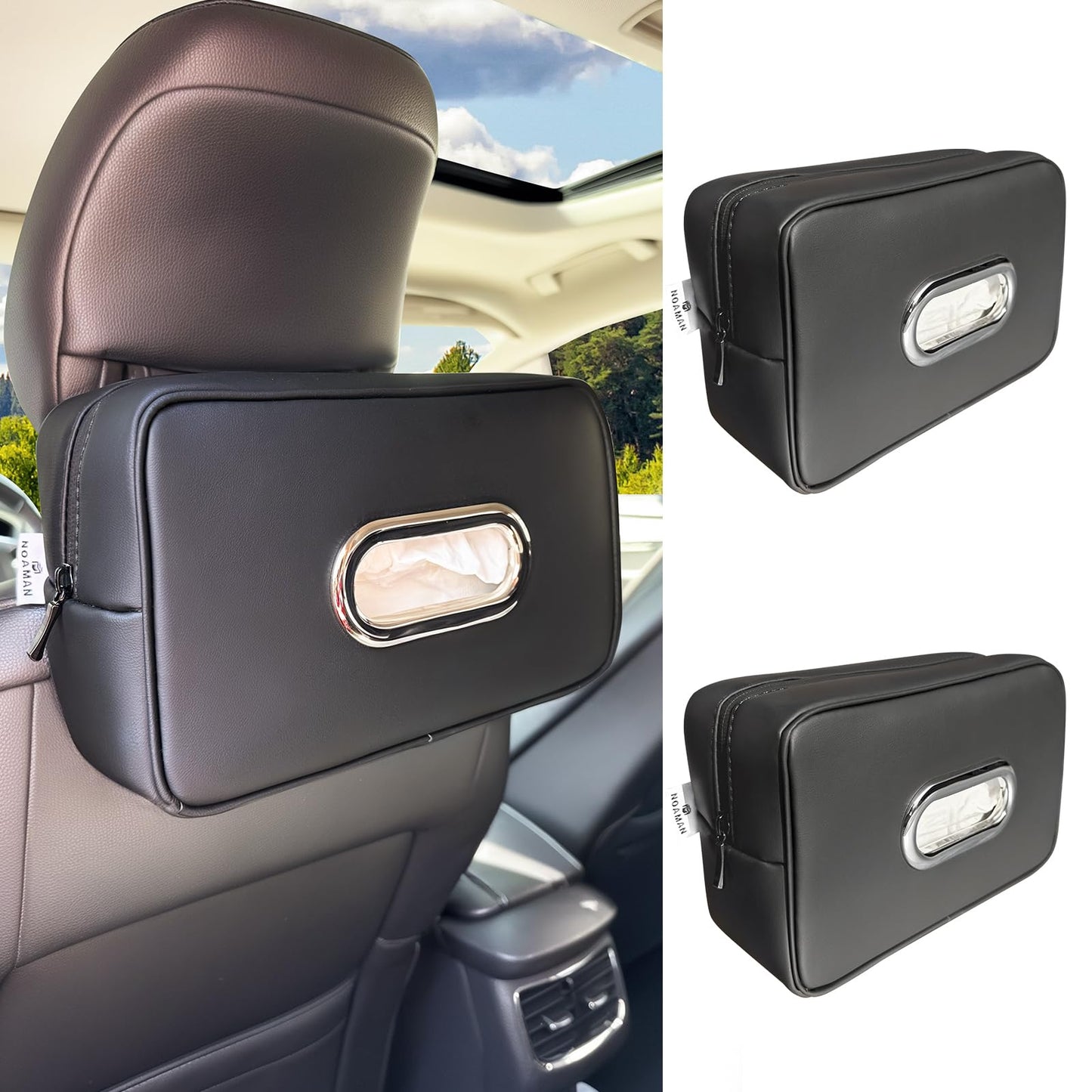 Noaman Upgraded Large Car Tissue Holder Premium PU Leather Tissues Box Cover Backseat Rectangular Napkin Holder for Car Fits for 120 Standard Kleenex Tissues Box (Black 2 Pack)