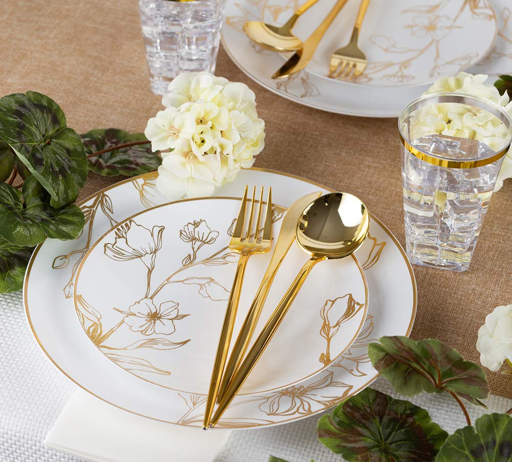 PLASTICPRO 64 Piece Combo Plates Set includes 32 7'' inch Plates & 32 10'' inch Plate White Plastic Floral Design Party Plates With Gold Rim, Premium heavyweight Elegant, Disposable, Dishes,