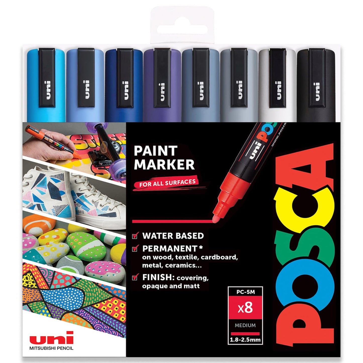 Posca - PC-5M - Paint Marker Art Pens - 1.8-2.5mm - Cool Tones [B] Set of 8 in Gift Box