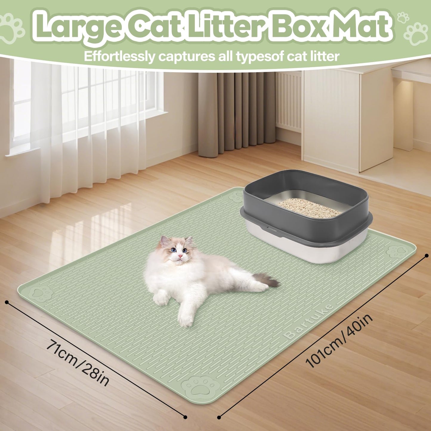 Bartuke Cat Litter Mat, Extra Large 101 x 71cm Silicone Mat Litter Trapping Mat for Scatter Control, Soft on Kitty Paws, Easy to Clean (Green)