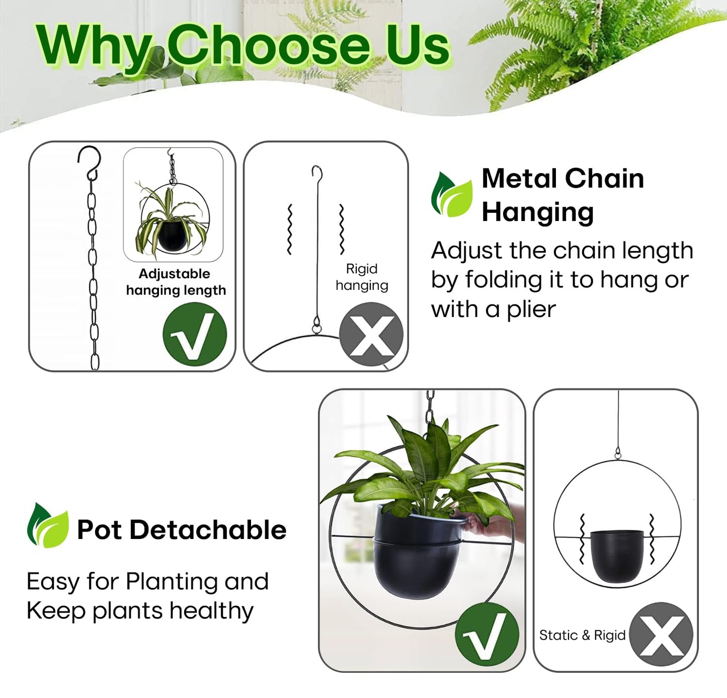 2 Pack Shineloa Boho Metal Hanging Planters with 6" Pot (Detachable) + Hook + Chain | Hanging Planters Indoor, Modern Wall & Ceiling Planters, Mid Century Planter for Indoor & Outdoor, NO Plant incld