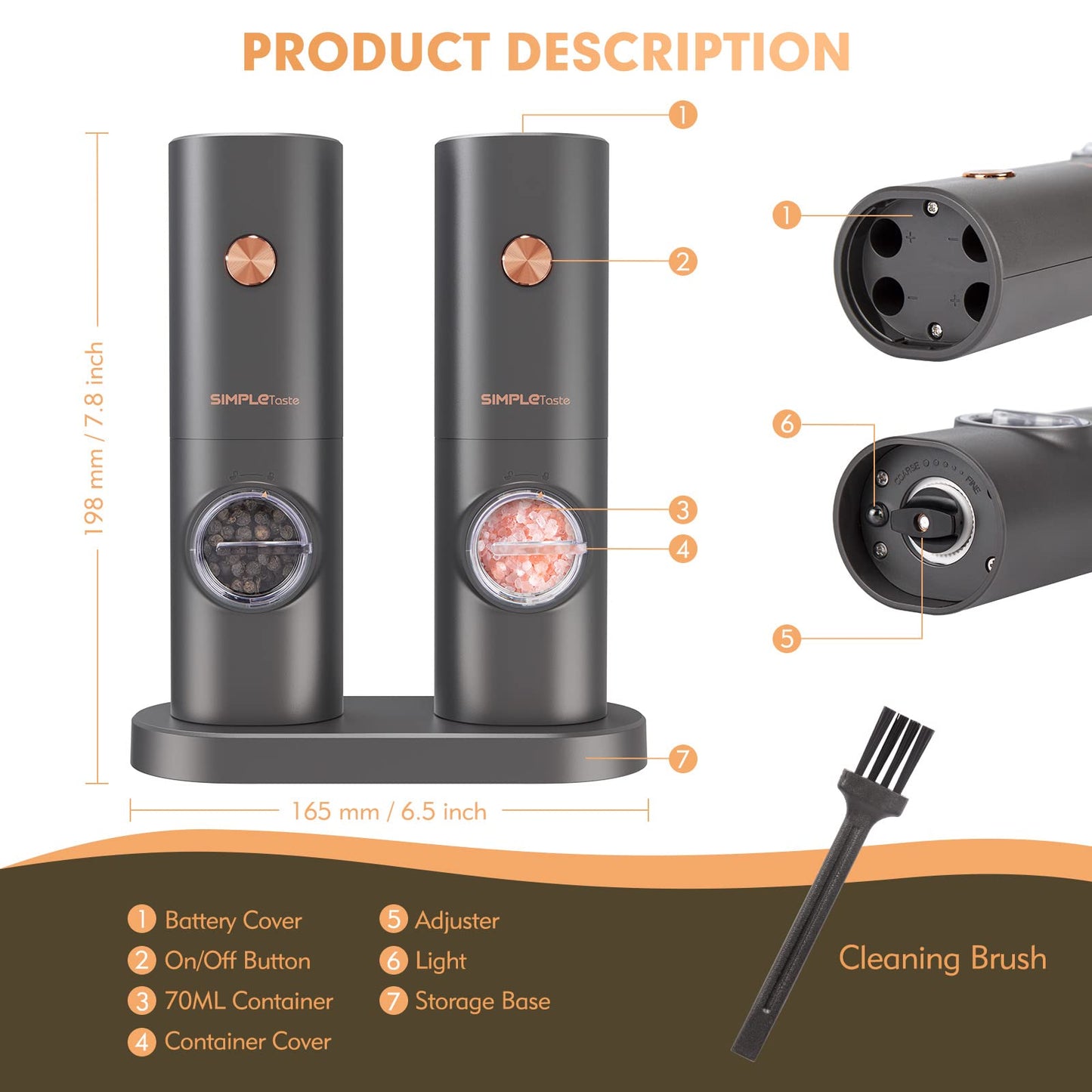 SIMPLETASTE Electric Salt and Pepper Grinder Set, One-Handed, Battery Powered, Adjustable Coarseness, LED Light, Pepper Mills with Stand, Seasoning Tools for Kitchen, Dining