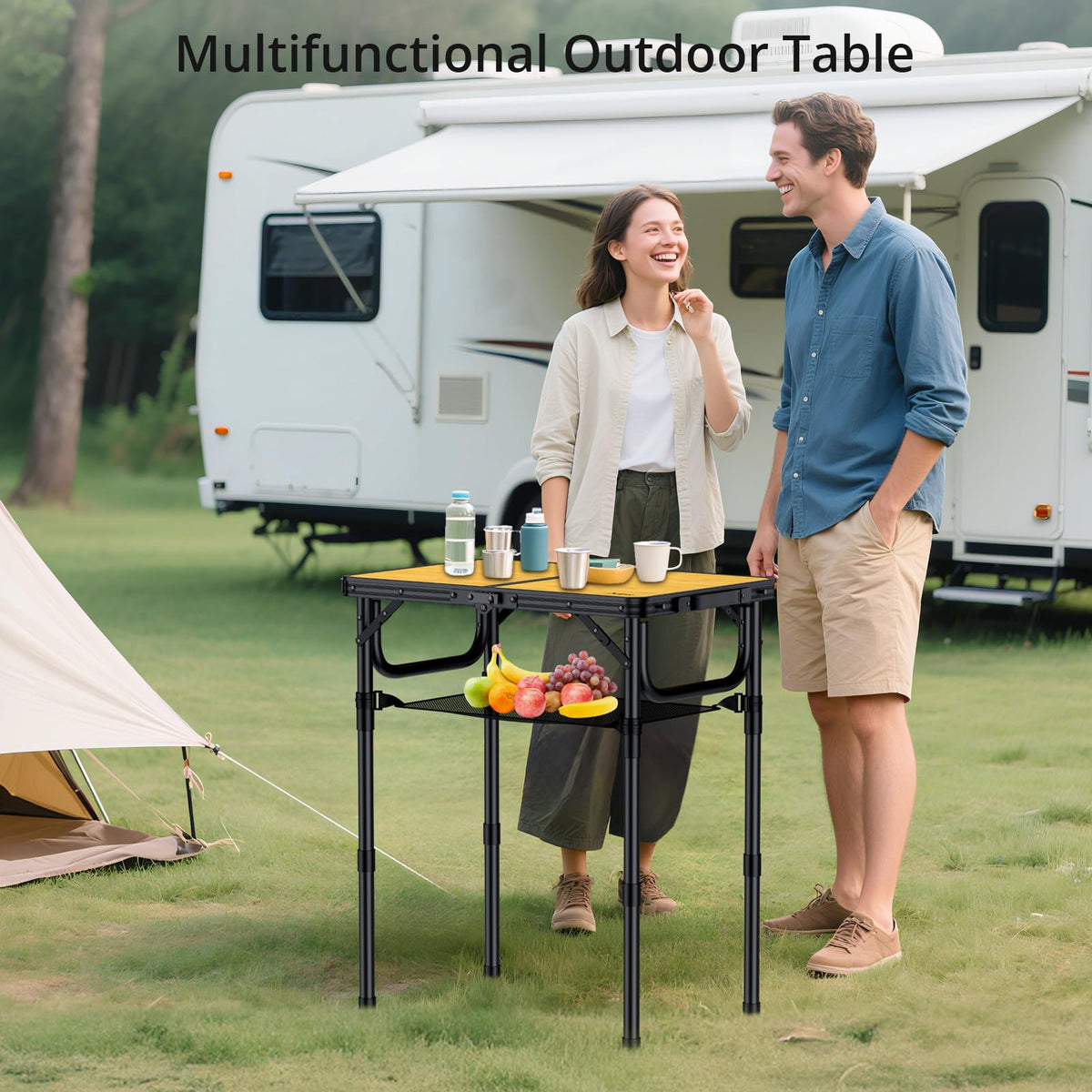 Anbte 2ft Folding Camping Table with Storage Net, 3 Adjustable Heights Aluminum Small Folding Table, Lightweight, Portable Handle, for Travel Outdoor Beach Camping Picnic, 23.2" x 16", Yellow