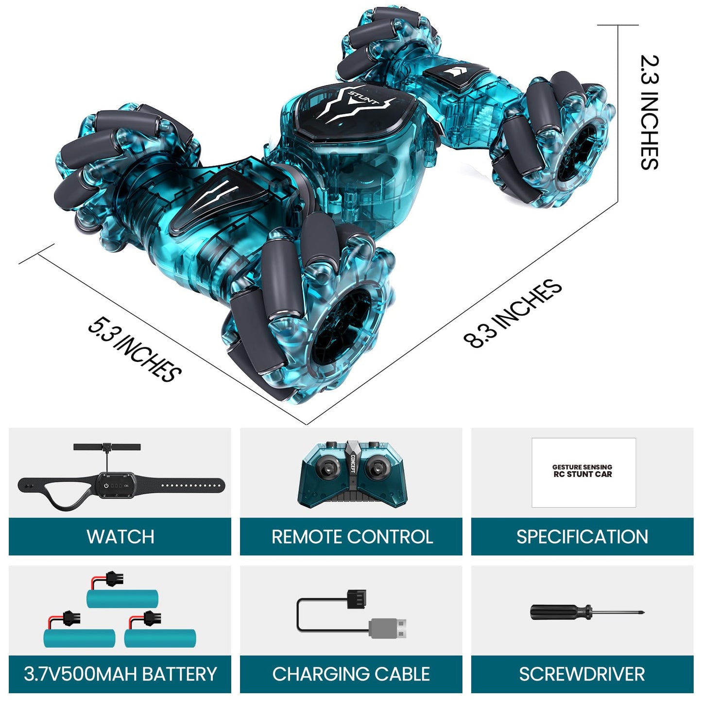 Tecnock Remote Control Car RC Cars for Boys Girls, 2.4GHz 4WD Gesture Sensing RC Stunt Car Toys - 360° Rotating Double Sided Hand Controlled RC Car with Lights, Gifts for Kids, Dark Green