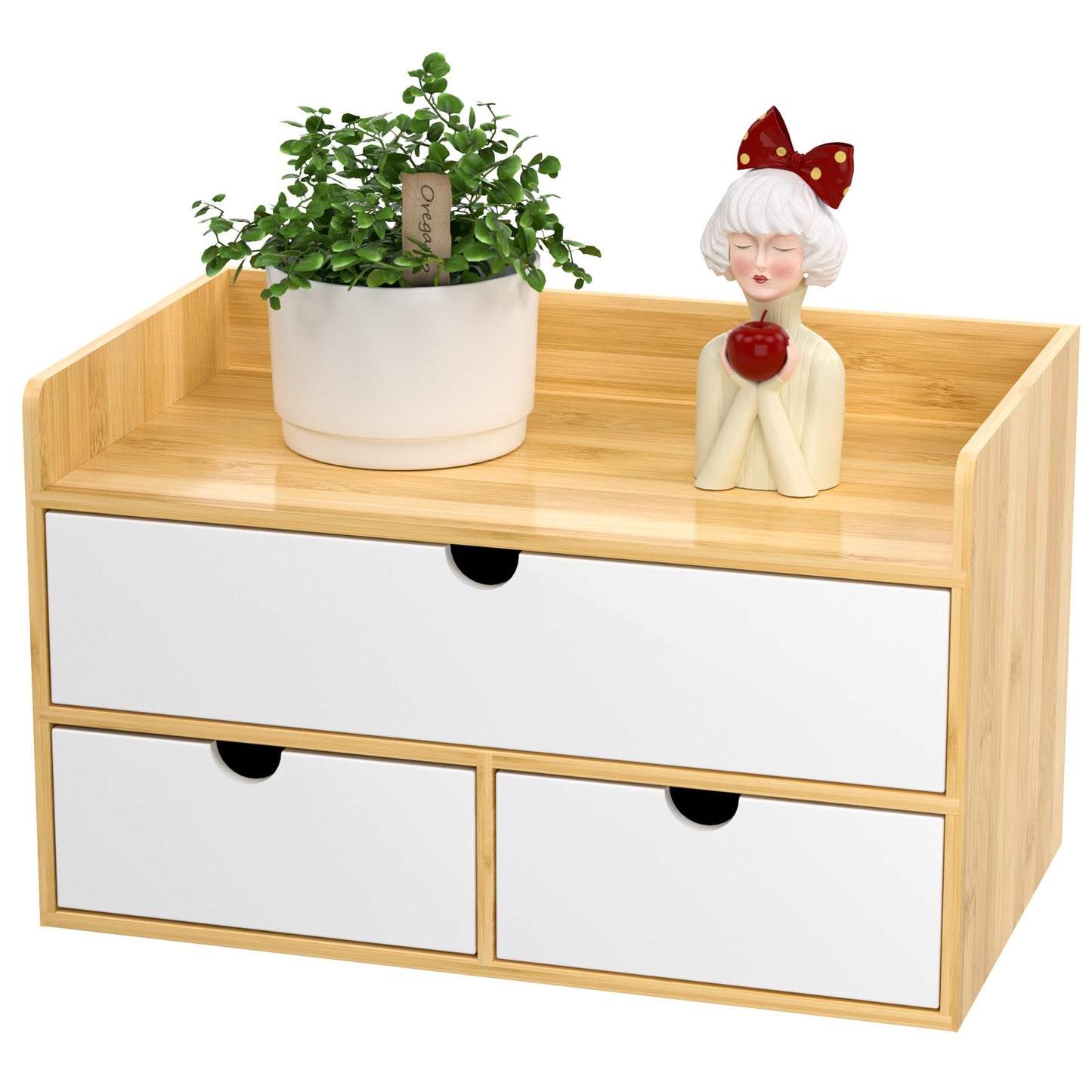 Wisuce Desk Organizer with Drawers - Bamboo Desktop Organizer Storage | Natural-White Wood Desk Drawers Organizer for Bills, Office Supplies, Cosmetics, Seals No Assembly Required
