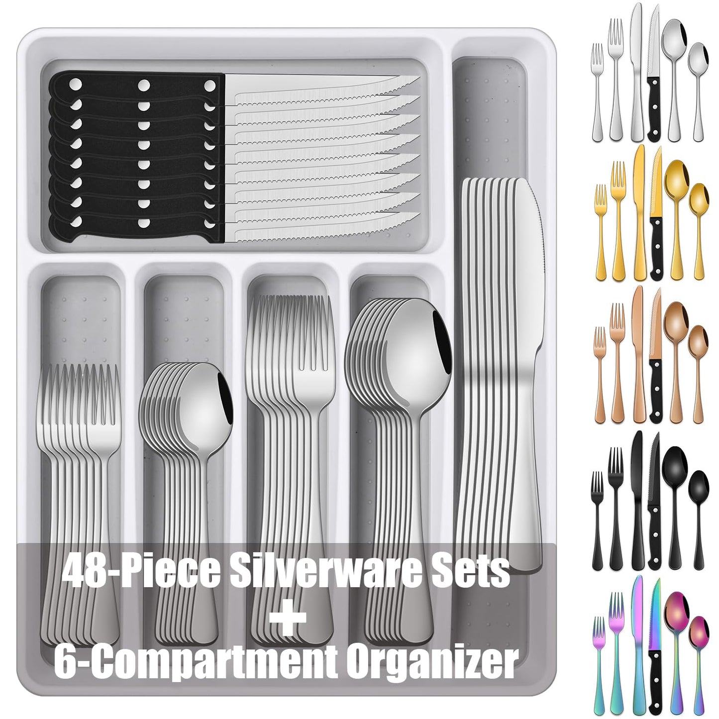 49 Pieces Silverware Sets with Organizer and Steak Knives,Stainless Steel Flatware Sets Service for 8 Person for Home Kitchen,Tableware Cutlery Sets,Includes Knife Spoon and Forks Sets