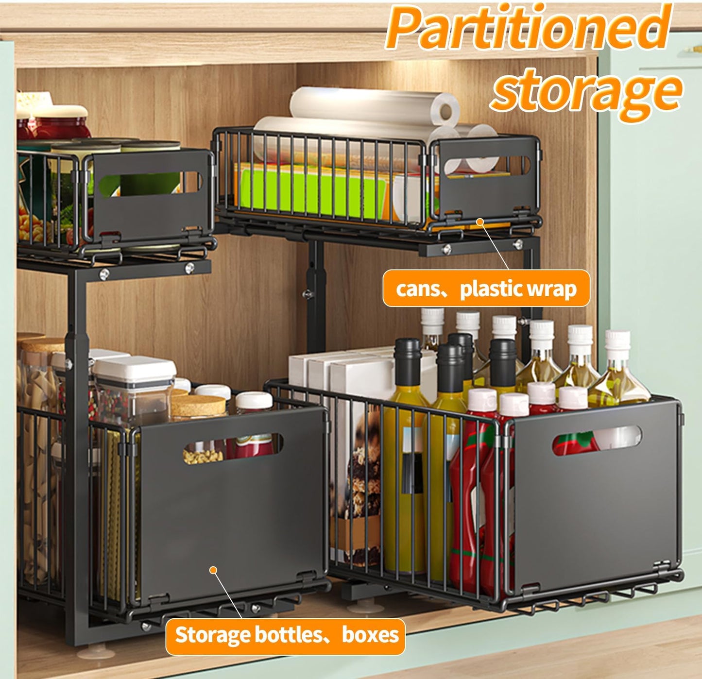 Under Sink Organizers and Storage,GAOKASE Black Metal 2 Tier Pull Out Drawers Under the Sink Organizers for Kitchen Slide Out Sliding Under Cabinet Storage Multi-Use for Bathroom Organizer