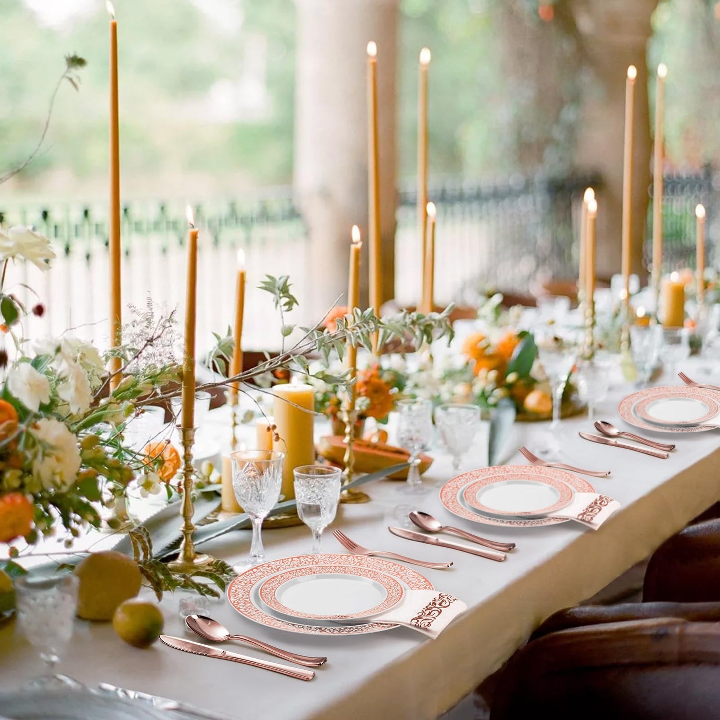 Bestluck 350PCS Rose Gold Plastic Dinnerware Set for 50 Guests, Disposable Plates for Party, Wedding, Include 50 Rose Gold Dinner Plates, 50 Dessert Plates, 50 Set Silverware, 50 Cups, 50 Napkins