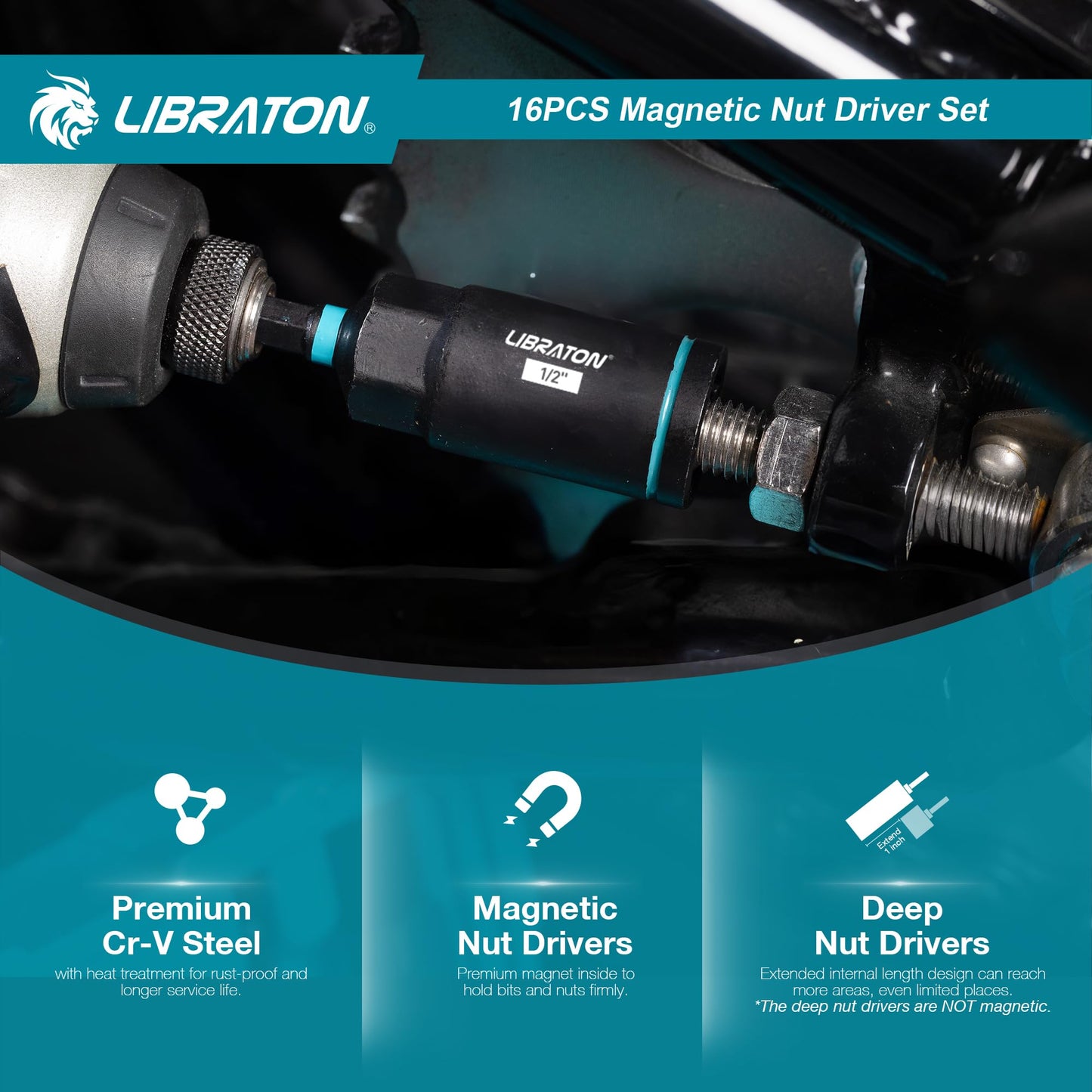 LIBRATON Magnetic Nut Driver Set, 16PCs Impact Driver Bit Set, Deep Nut Driver Set, SAE Nut Driver for Impact Drill, 1/4"-9/16" Nut Drivers and 1/4"-4/3" Deep Nut Drivers, with Toolbox for Car Repairs