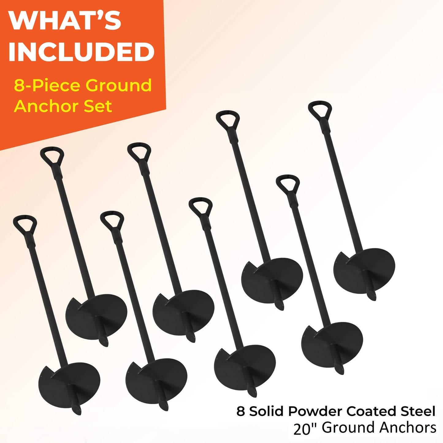 VASGOR 20” Ground Anchors (8pcs) Easy to Use with Drill, 3" Helix Diameter, Heavy Duty Anchor Hook for Camping Tent, Canopies, Car Ports, Sheds, Swing Sets, Securing Animals – Black Powder Coated