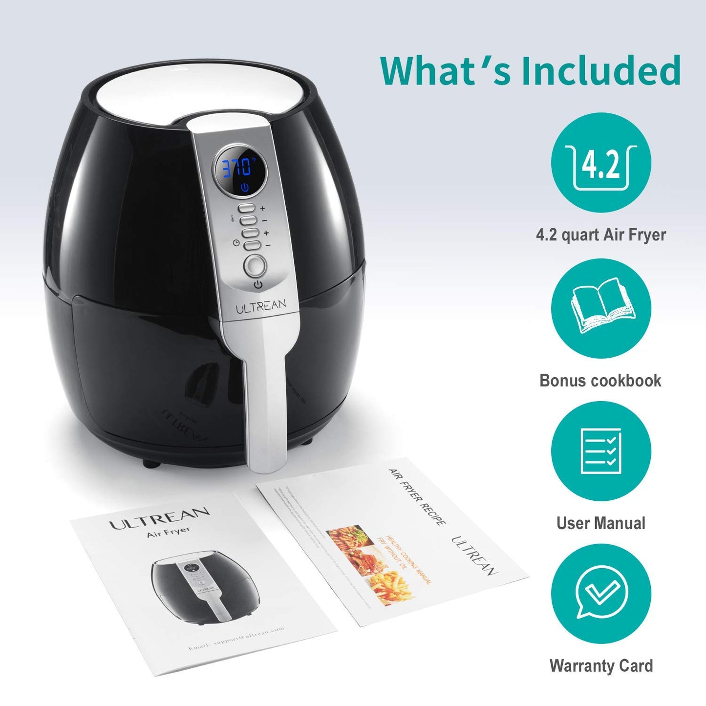 Ultrean Air Fryer, 4.2 Quart (4 Liter) Electric Hot Air Fryers Oven Oilless Cooker with LCD Digital Screen and Nonstick Frying Pot, UL Certified,1-Year Warranty,1500W (Black)
