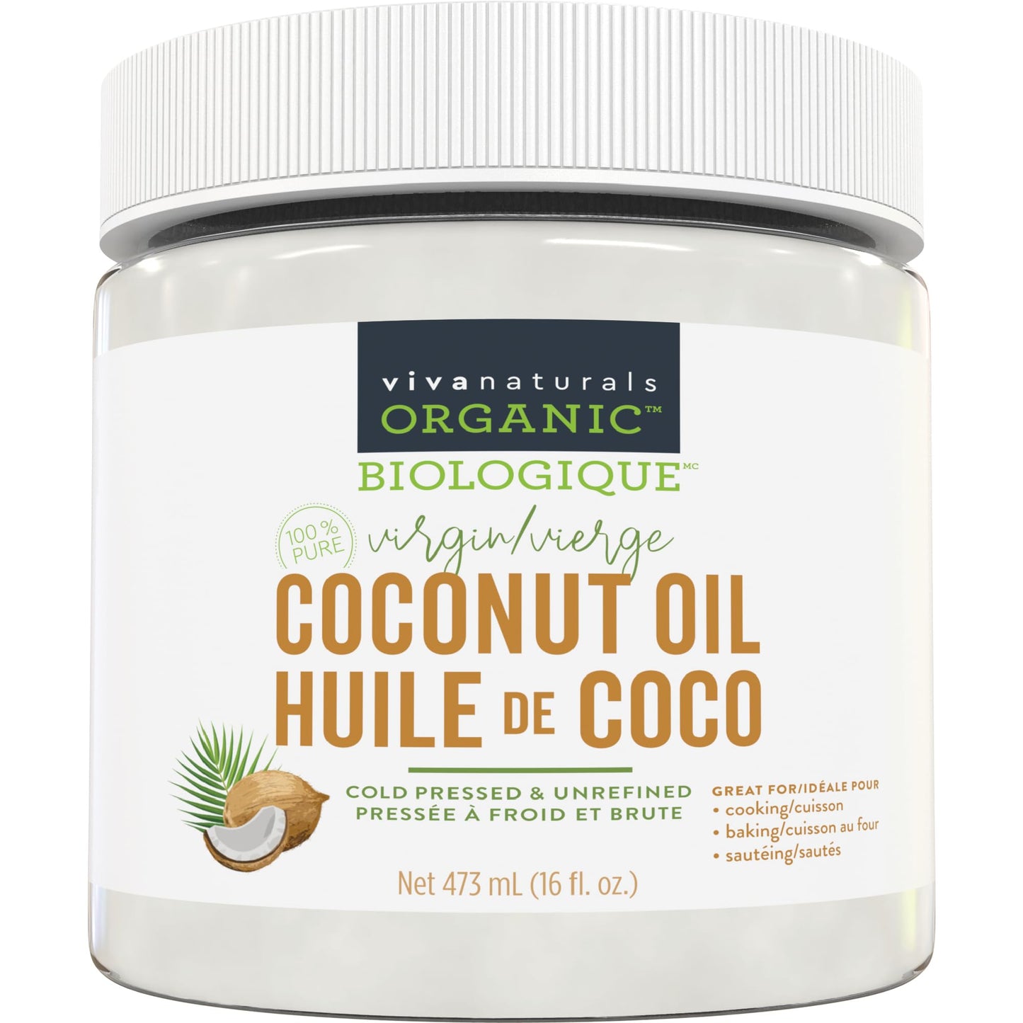 Viva Naturals Organic Virgin Coconut Oil,16 fl oz (473 mL) – Coconut Oil for Hair, Skin, Cooking & Baking – Cold-Pressed, Unrefined & Non-GMO – Keto & Paleo Certified – BPA-Free Jar
