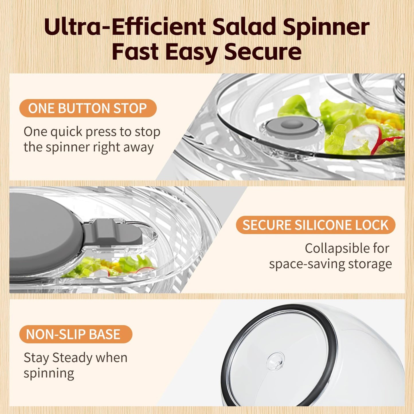 3.6L Salad Spinner, Vegetable Fruit Spinner – Compact Push & Spin Cleaner and Dryer with One-Button Stop, Clear Space-Saving Design for Greens, Herbs, Vegetables