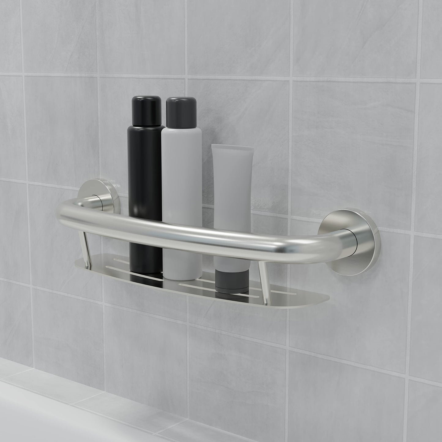 HEALTHCRAFT Plus 2-in-1 Shampoo Shelf and Grab Bar, 19.5 inch | ADA Compliant Wall-Mounted Safety Grab Bar for Bath and Shower, Brushed Steel Handicap Grab Bar for Seniors, 500 lbs Capacity