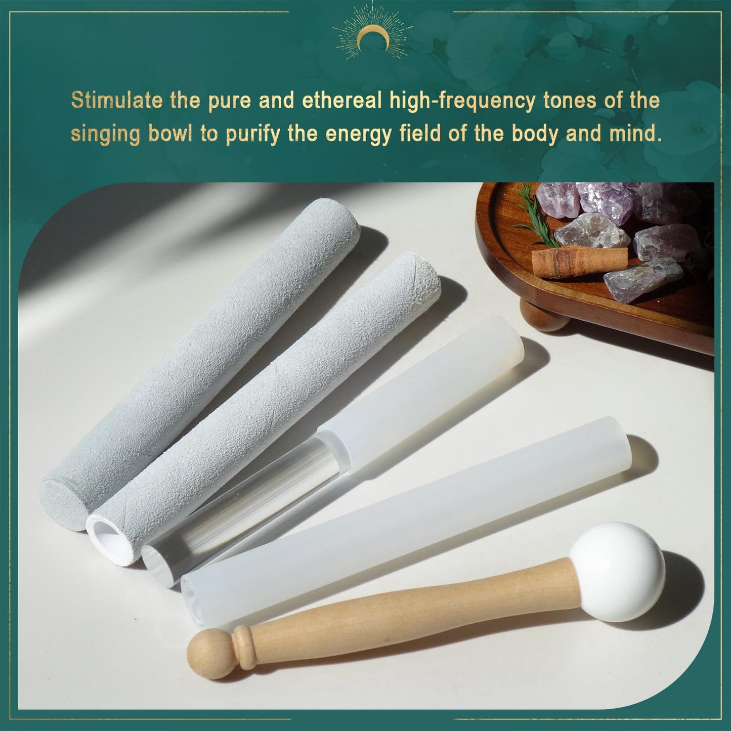 UPCEED 5 Pcs Singing Bowl Mallet Set, Rubber Mallet with Wooden Handle, Acrylic Silicone Rubber Mallet Striker, Handmade Thick Suede Sheepskin Striker for Playing Quartz Crystal Singing Bowls