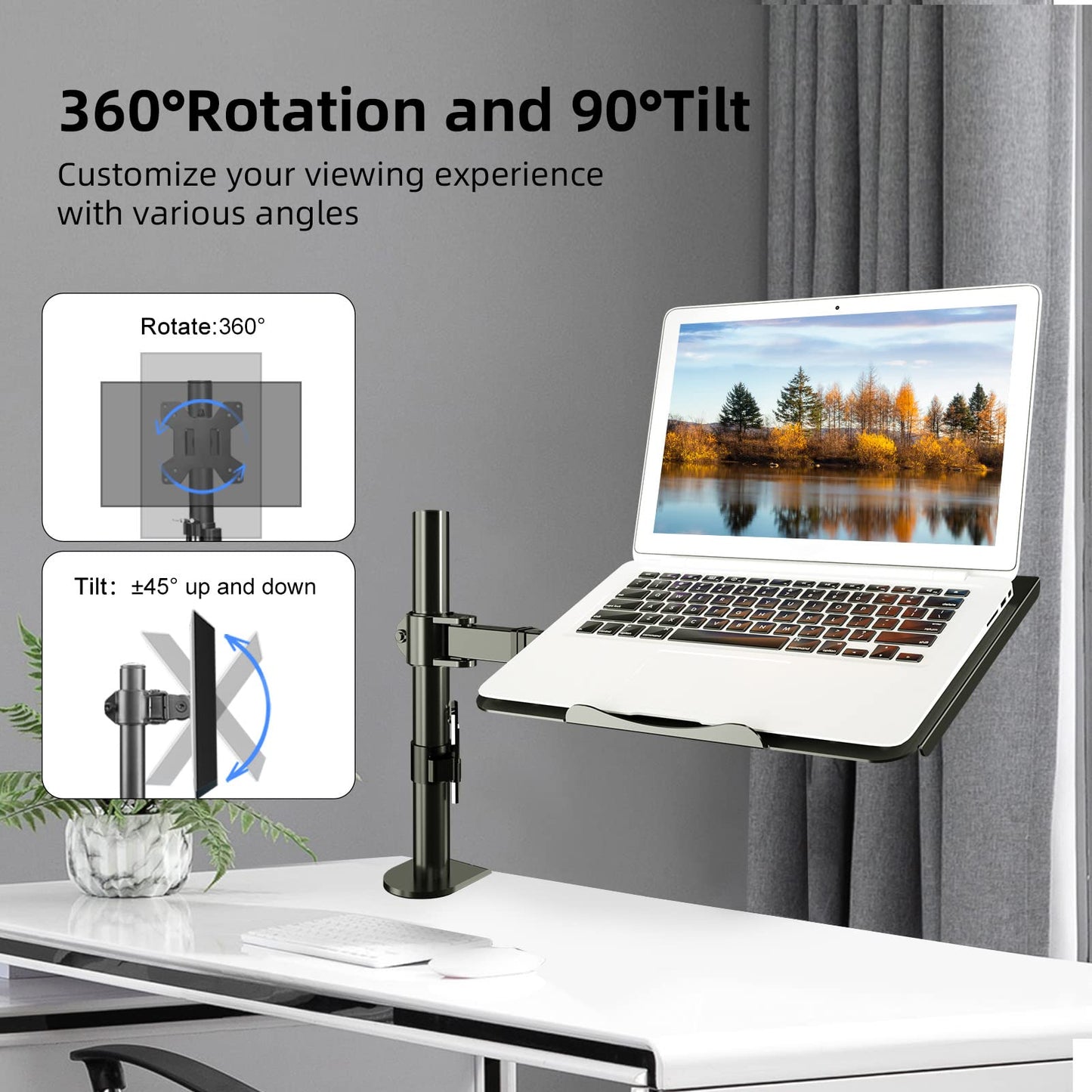Suptek Single Notebook Desk Mount With Tray for 13-27 Inch Computer Screen, Fully Adjustable Arm for Laptop up to 17'', Weight up to 15.6 lbs